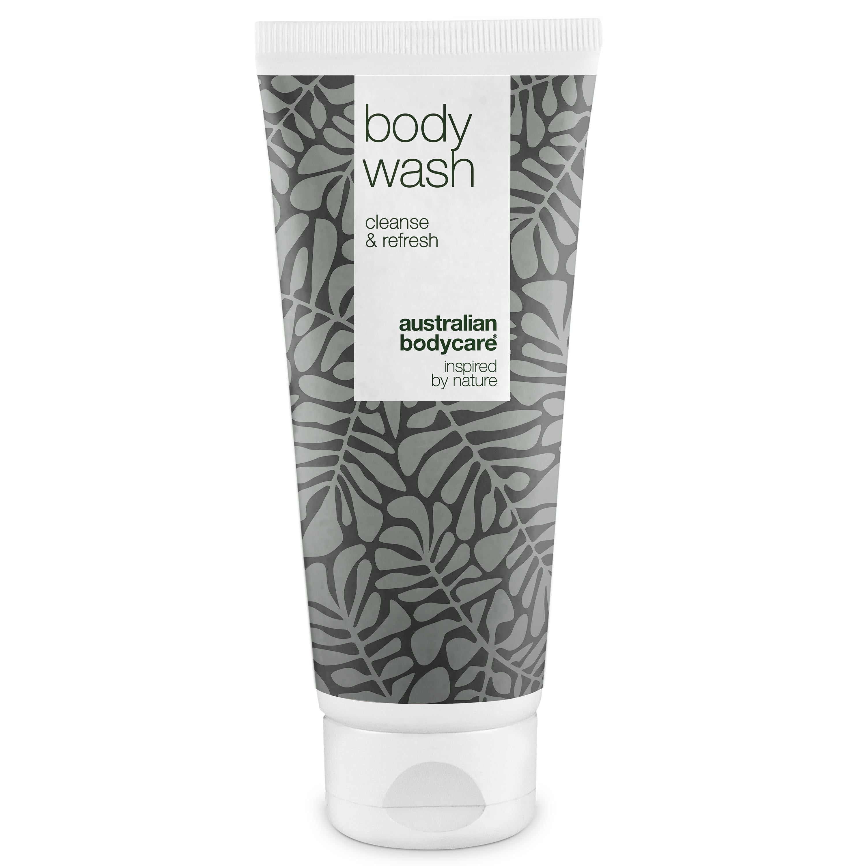 Tube douchegel. Opschrift: Body Wash, cleanse & refresh, Australian Bodycare.