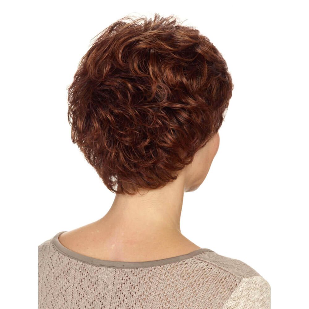 Kurzhaarperücke, rotbraun, gewellt. Rückansicht. Beige Oberteil.