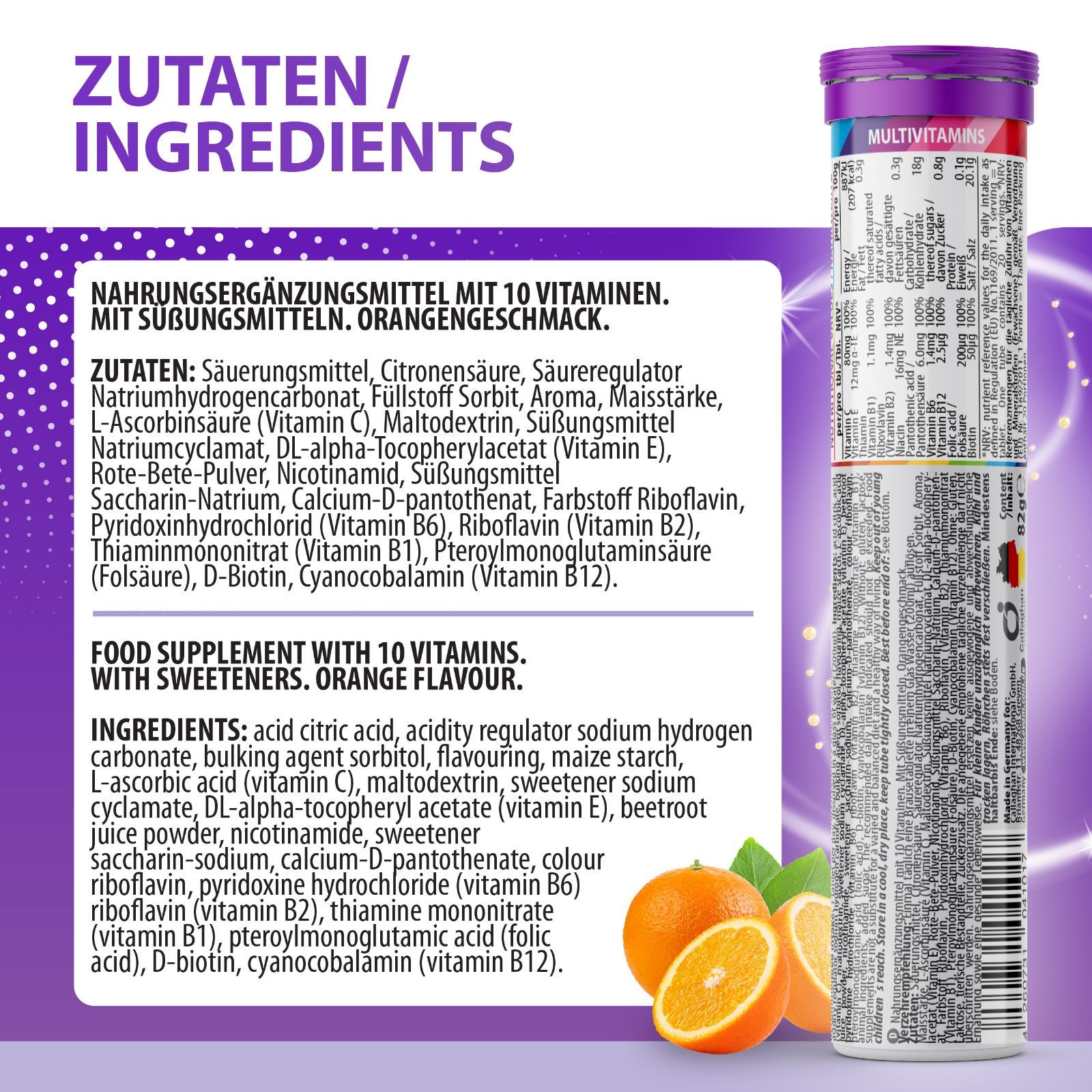 Zutatenliste für EVÄM Multivitamin. Enthält Zitronensäure, Süßstoffe, Aromen, etc. Nahrungsergänzungsmittel mit 10 Vitaminen.