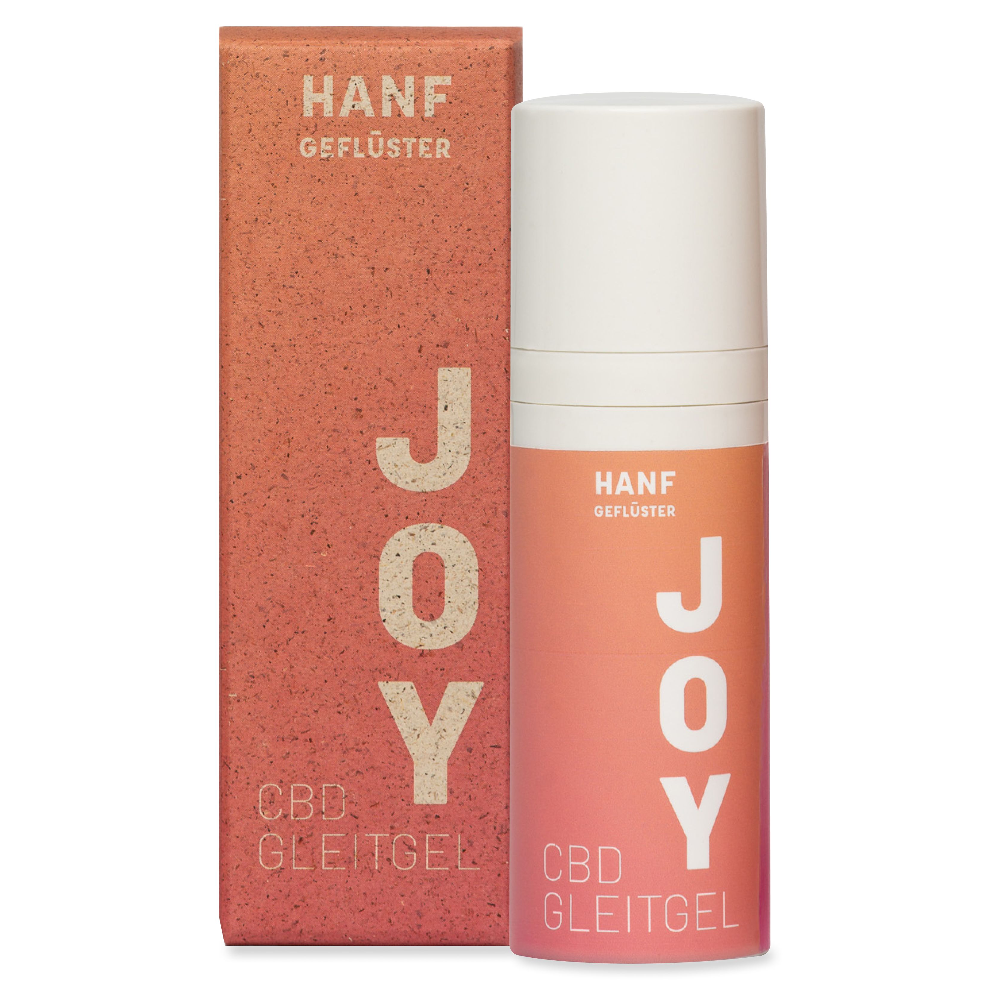 Gleitgel-Flasche und Verpackung. Aufschrift "HANFGEFLÜSTER JOY CBD GLEITGEL". Braune Verpackung, weiße Flasche mit Farbverlauf.