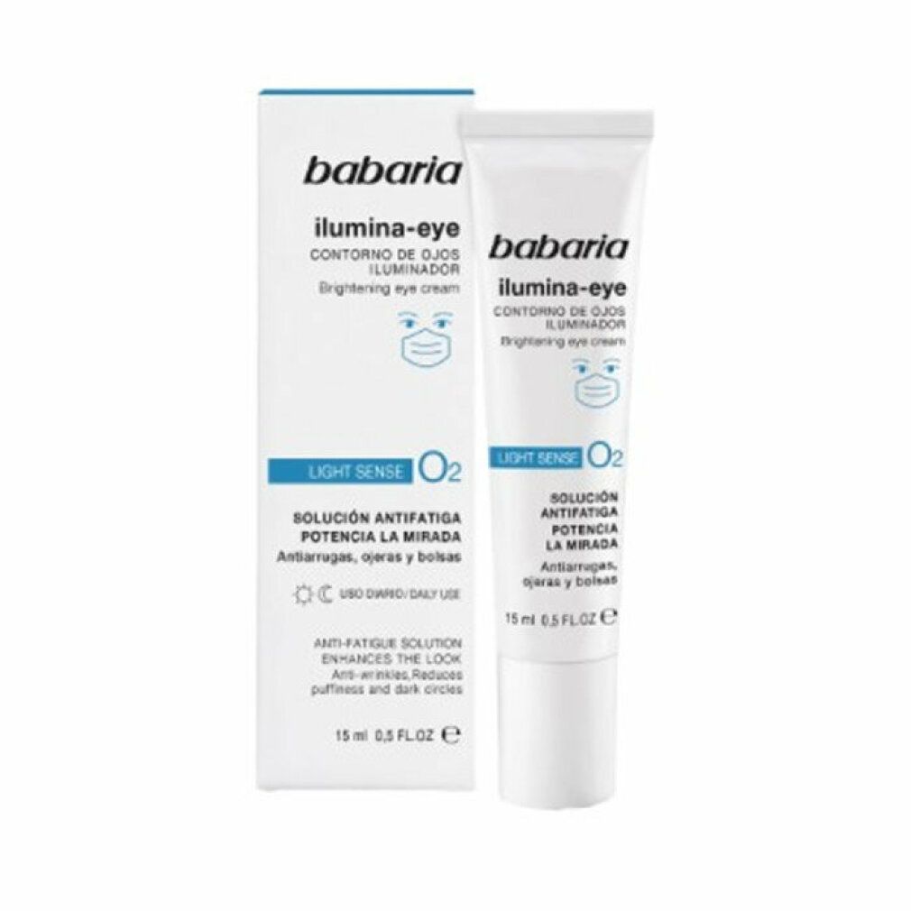 Babaria Ilumina-Eye-Tube und Schachtel. Weiße Verpackung mit blauen Akzenten und Text. 15 ml.
