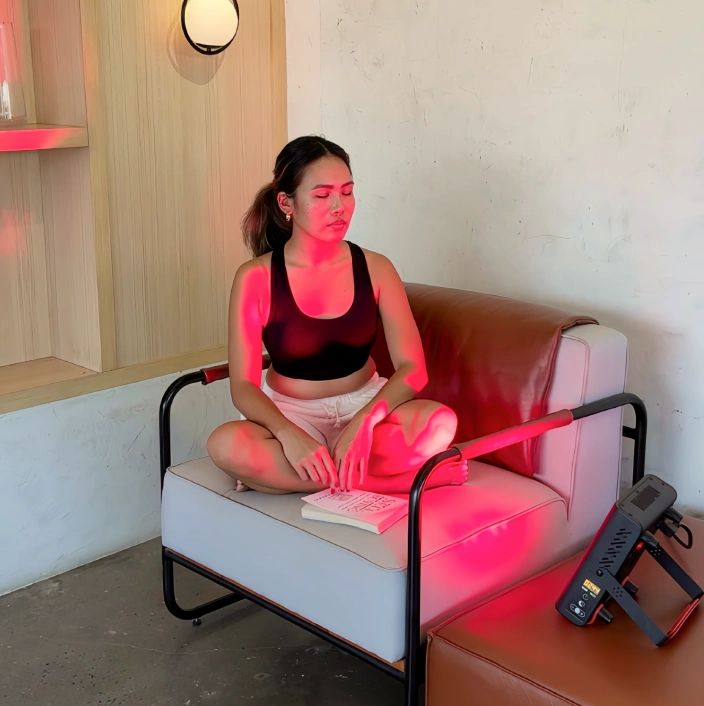 Frau sitzt vor rotem Lichtgerät. Rechteckige Form, viele runde Öffnungen. Schwarzes Gehäuse.