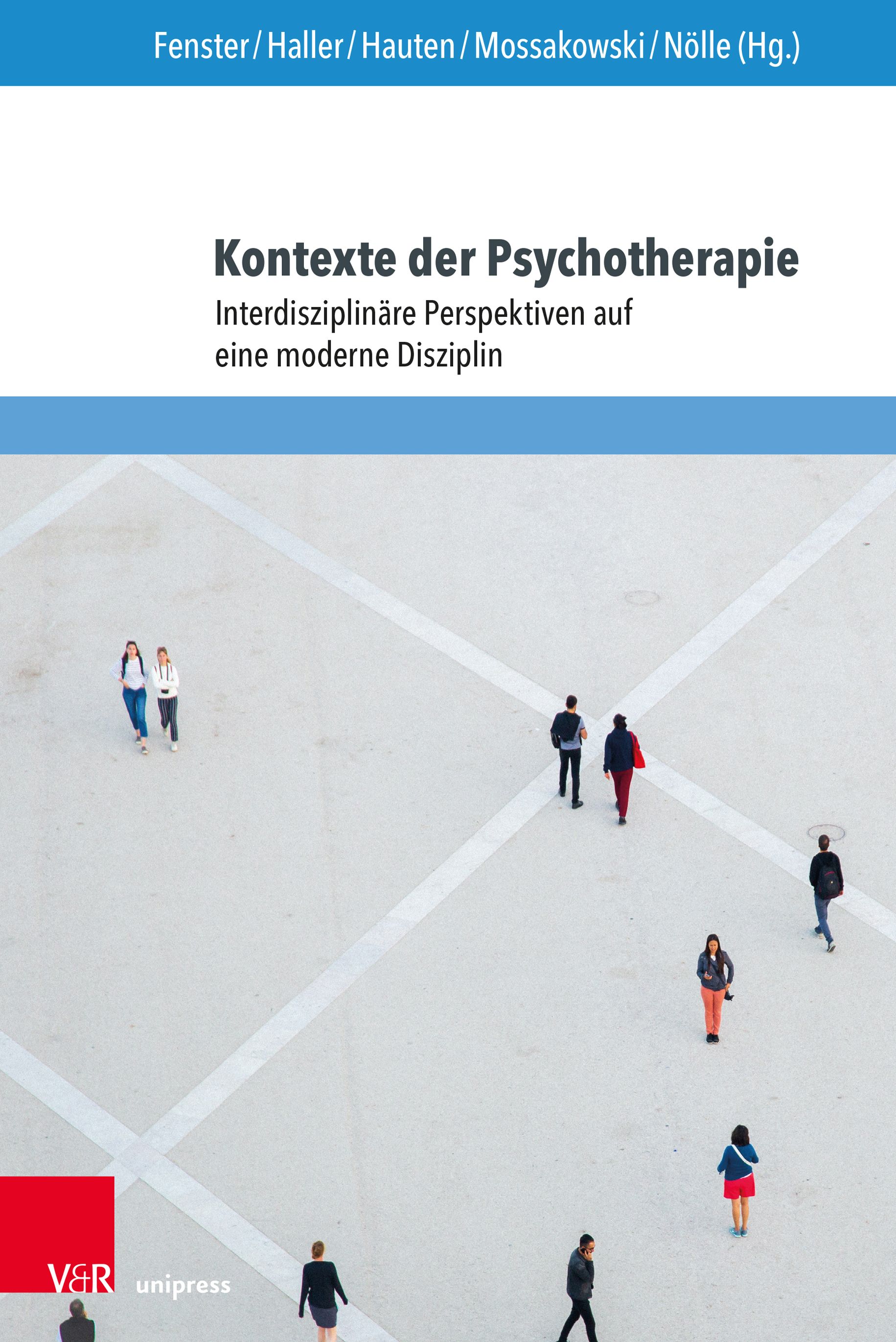 Buchcover: "Kontexte der Psychotherapie". Titel und Untertitel in schwarzer Schrift auf weißem Hintergrund. Personen auf einem Platz.