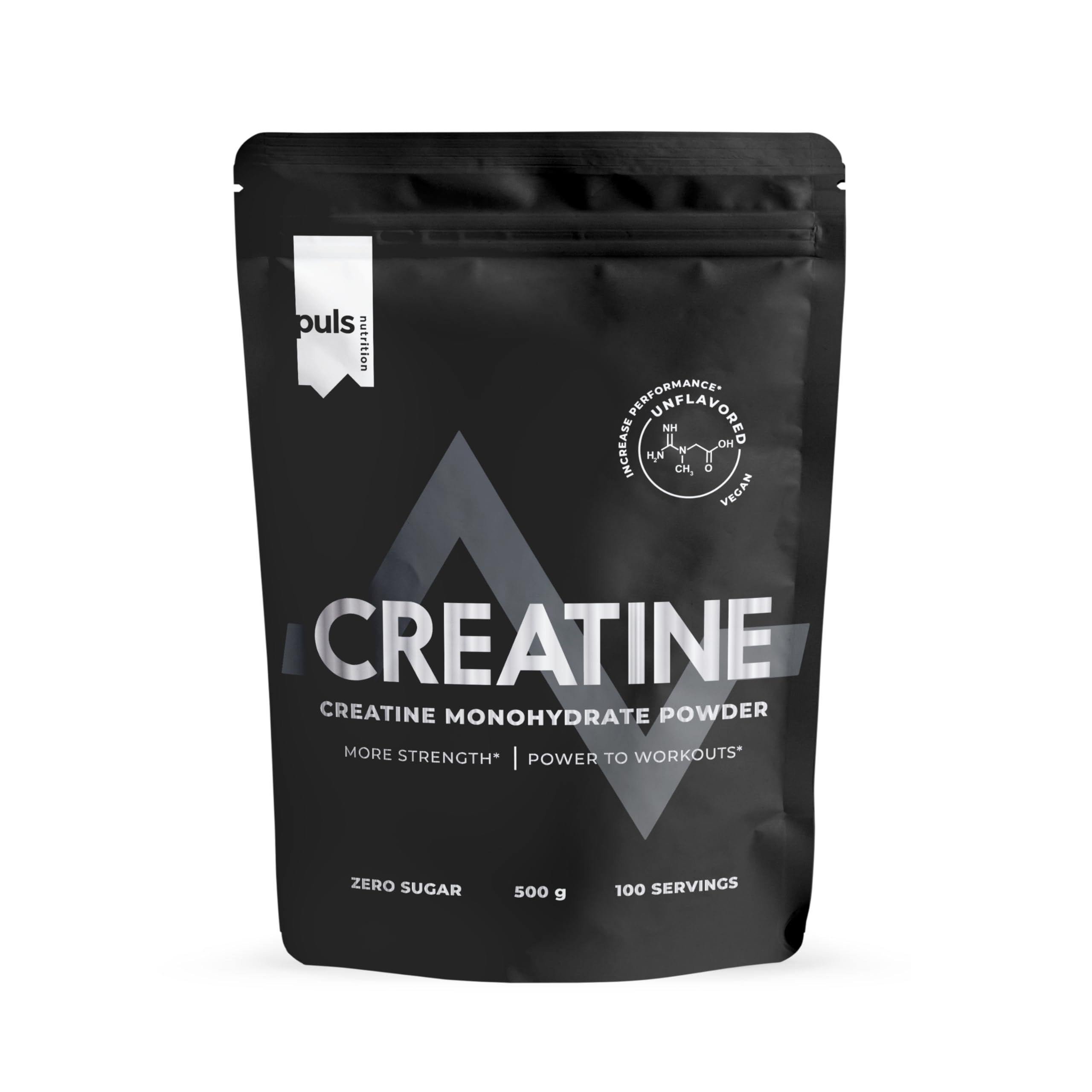 Schwarzer Beutel mit Kreatin-Pulver. Text: Kreatin. Merkmale: unflavored, vegan, 100 Portionen, 500g.