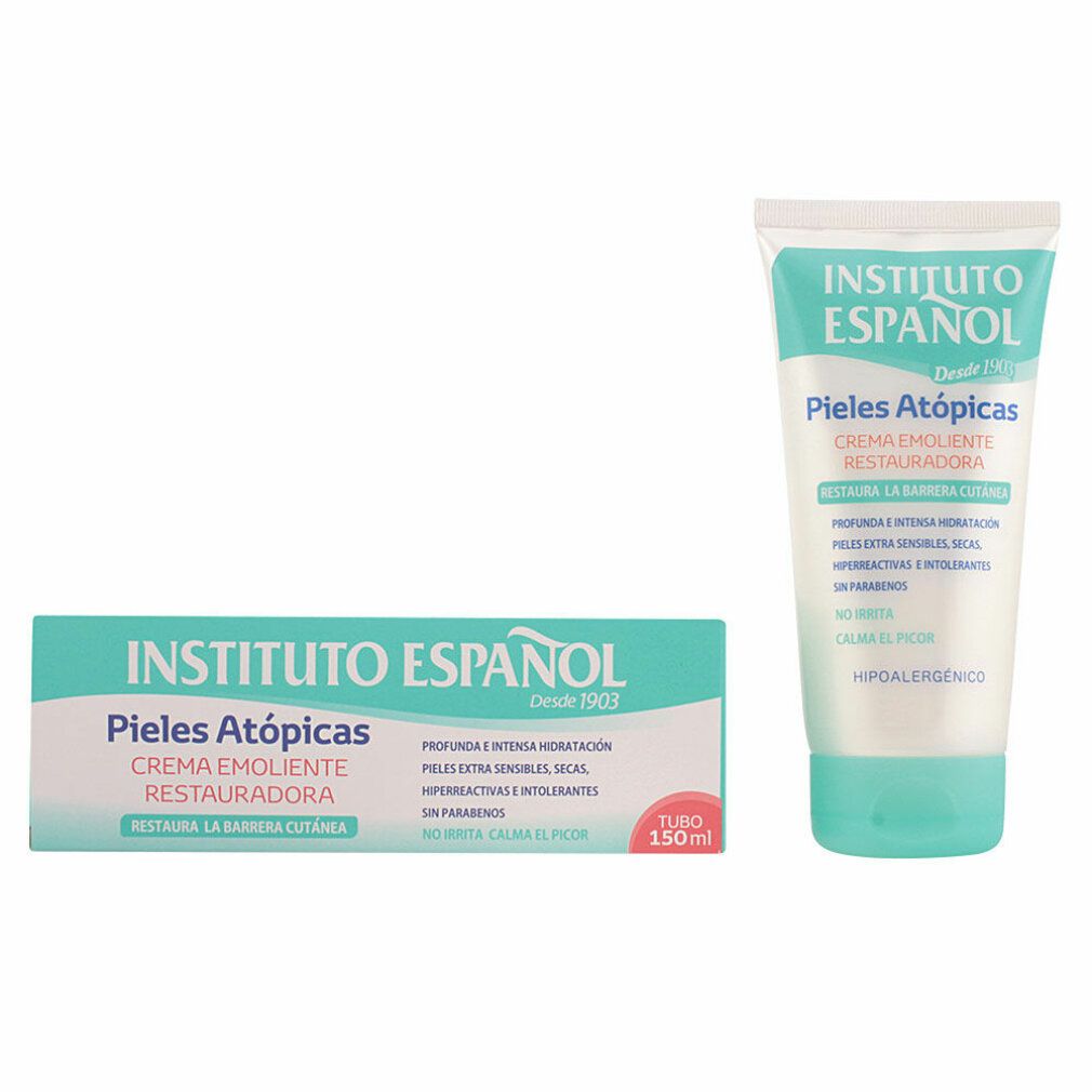 Creme und Verpackung. Tube mit grünem Deckel. Aufschrift: Instituto Español, Pieles Atópicas, Creme Emolliente Restitutiva. 150ml.