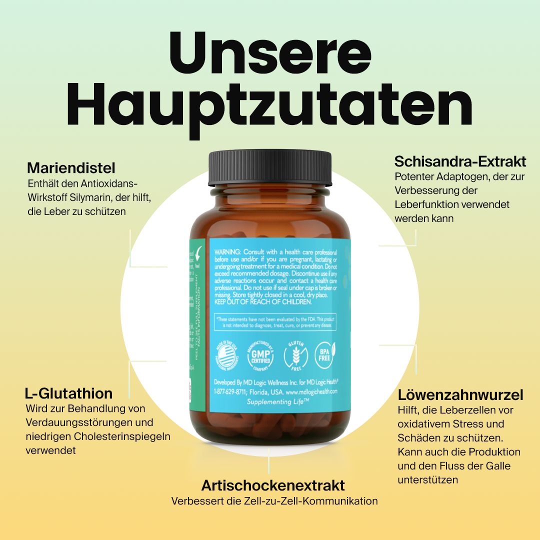 Produktflasche Liver Detox mit Text. Text: Unsere Hauptzutaten. Mariendistel, Schisandra-Extrakt, L-Glutathion, Löwenzahnwurzel, Artischockenextrakt.