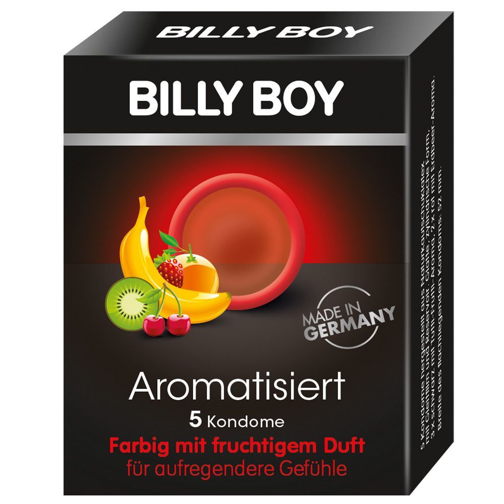 Schwarze Schachtel mit Kondomen. Aufschrift: BILLY BOY, Aromatisiert, 5 Kondome. Abbildung von Früchten.