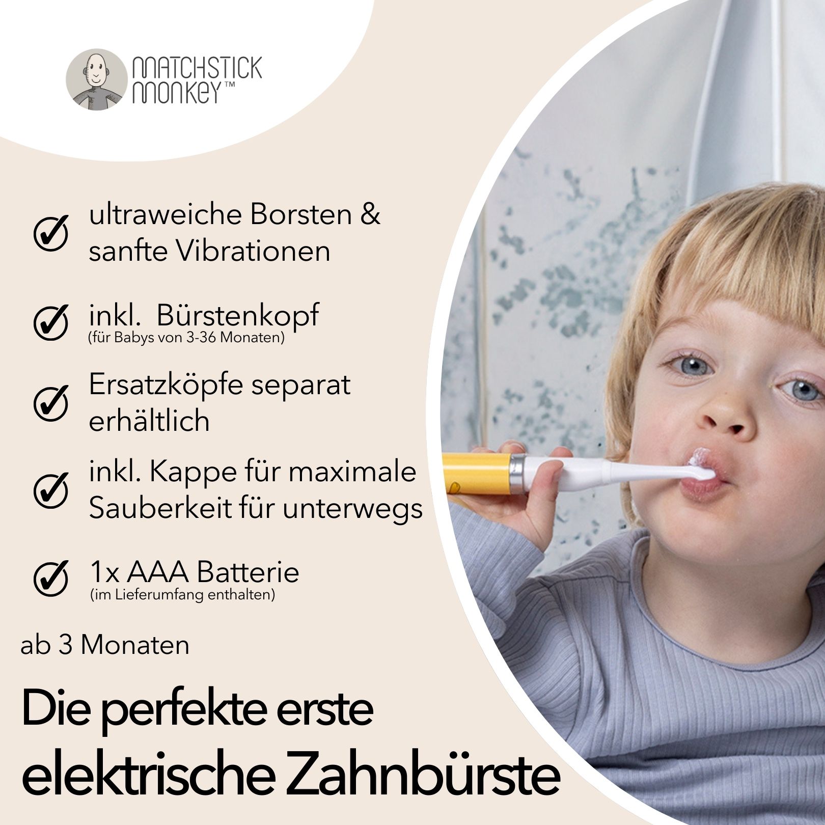 Kind putzt Zähne mit gelb-weißer elektrischer Zahnbürste. Text: Die perfekte erste elektrische Zahnbürste.