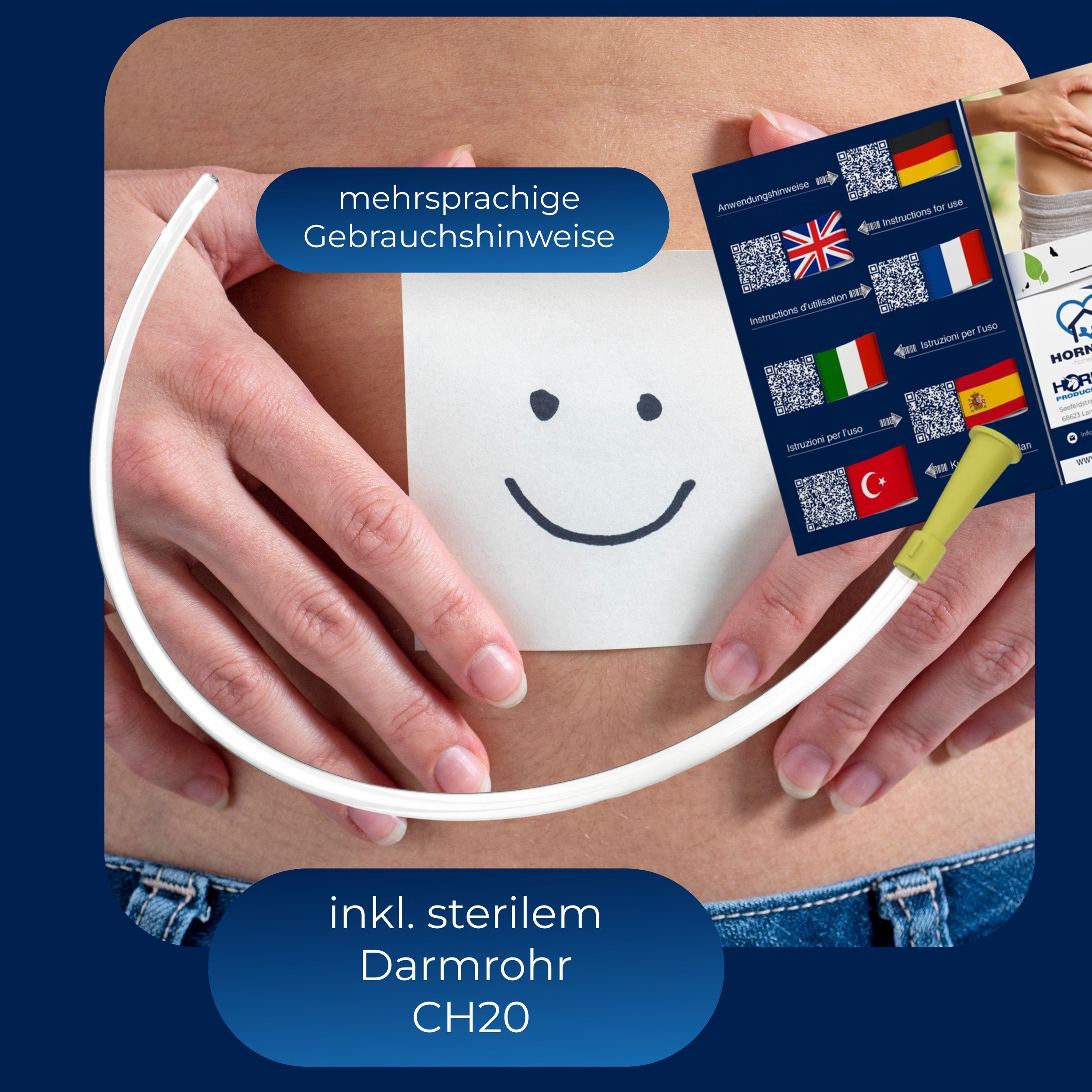 Darmrohr mit gelbem Konus und mehrsprachiger Gebrauchsanweisung. Abbildung eines Bauches mit Smiley.