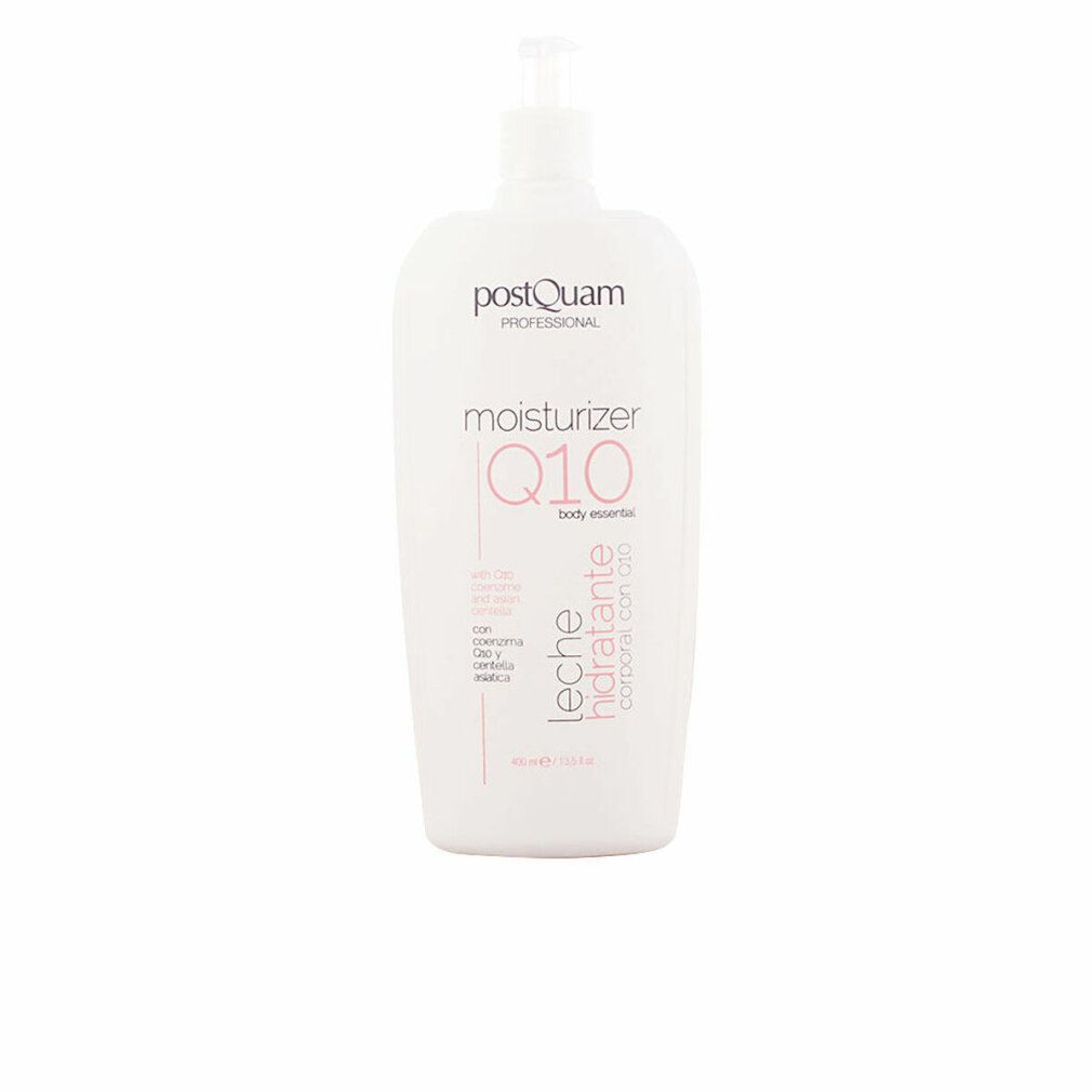 Weiße Flasche mit Pumpe. Aufschrift: POSTQUAM, moisturizer Q10, leche hidratante. Produkt für Körperpflege.