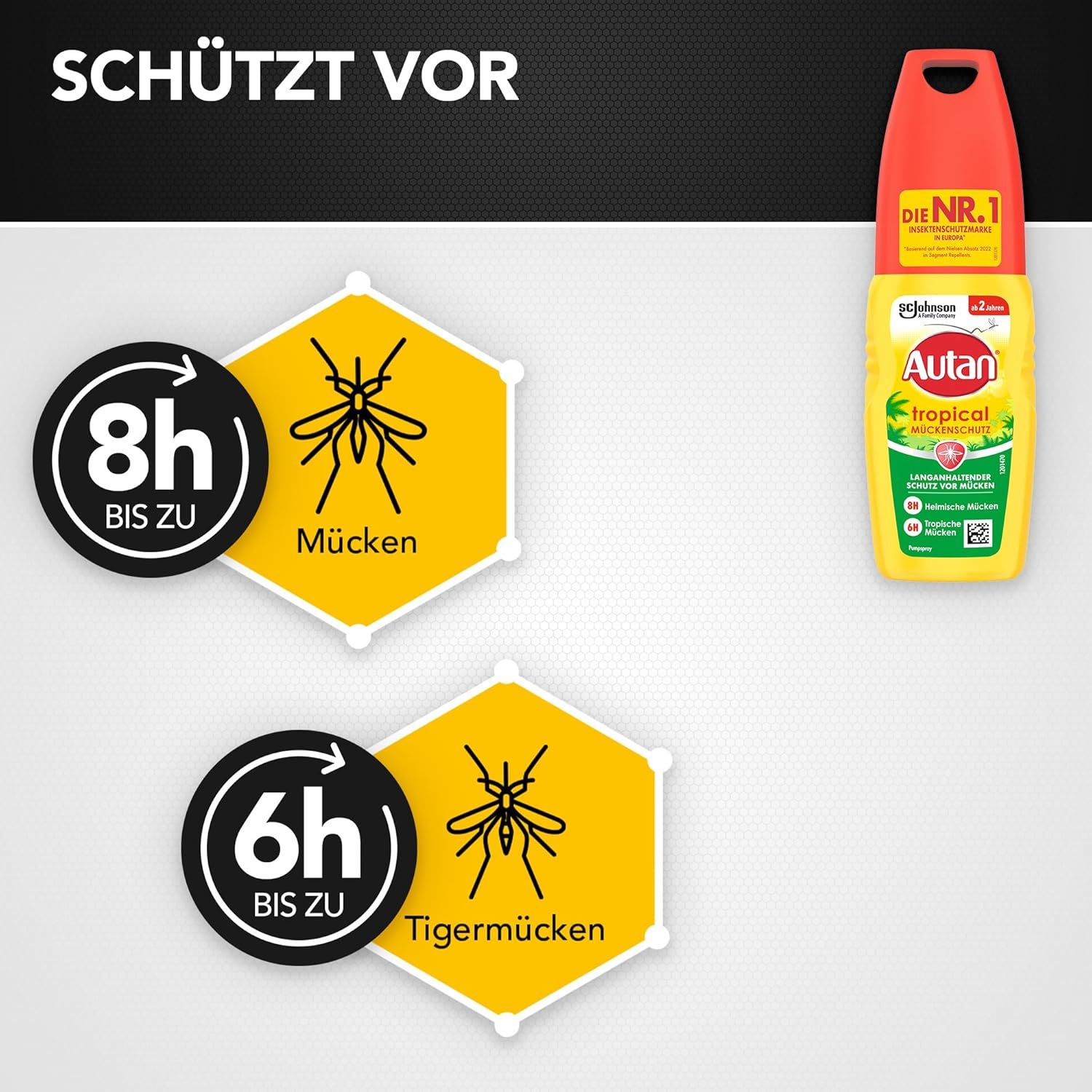 Autan Tropical. Text: Schützt vor Mücken und Tigermücken. Piktogramme: 8h, 6h. Gelbe Flasche mit roter Kappe.