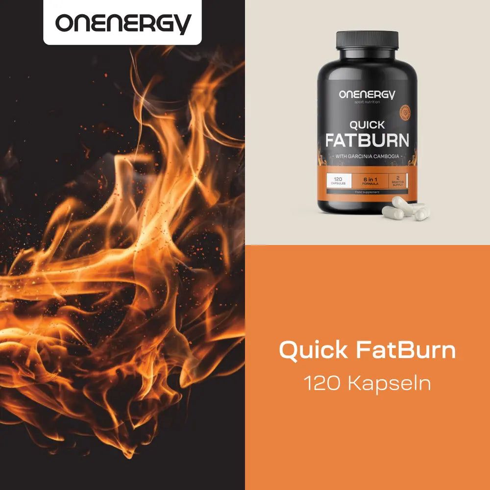 Produktabbildung von "Onenergy Quick FatBurn"-Flasche und Kapseln. Hintergrund mit Flammen. Text: "120 Kapseln".