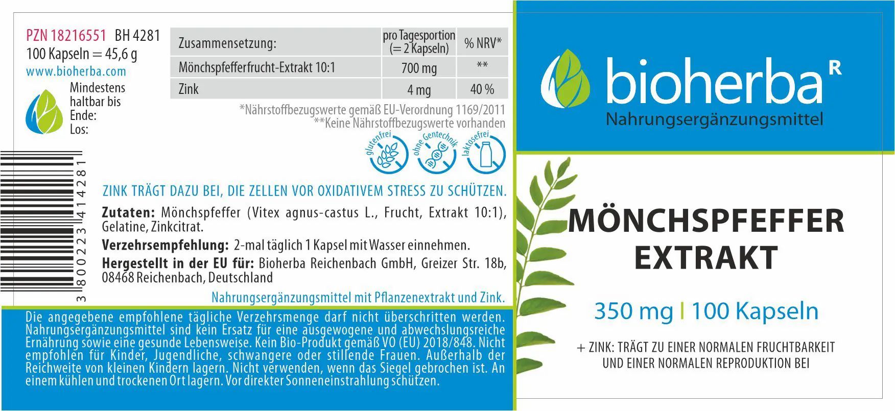 Etikett mit Produktinformationen. "Bioherba"-Logo, "Mönchspfeffer Extrakt", 350 mg, 100 Kapseln. Inhaltsstoffe, Nährwertangaben, Verzehrempfehlung.
