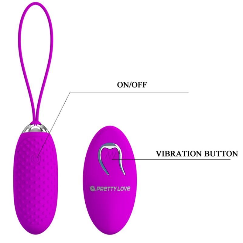 Lila Ei mit Schlaufe und Fernbedienung. Beschriftung: ON/OFF, VIBRATION BUTTON. Die Fernbedienung hat eine geschwungene Taste.