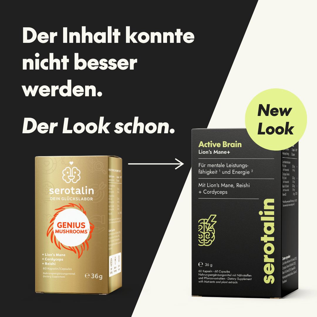 Vergleich von alter und neuer Verpackung. Text: Der Inhalt konnte nicht besser werden. Der Look schon. Active Brain, serotalin.