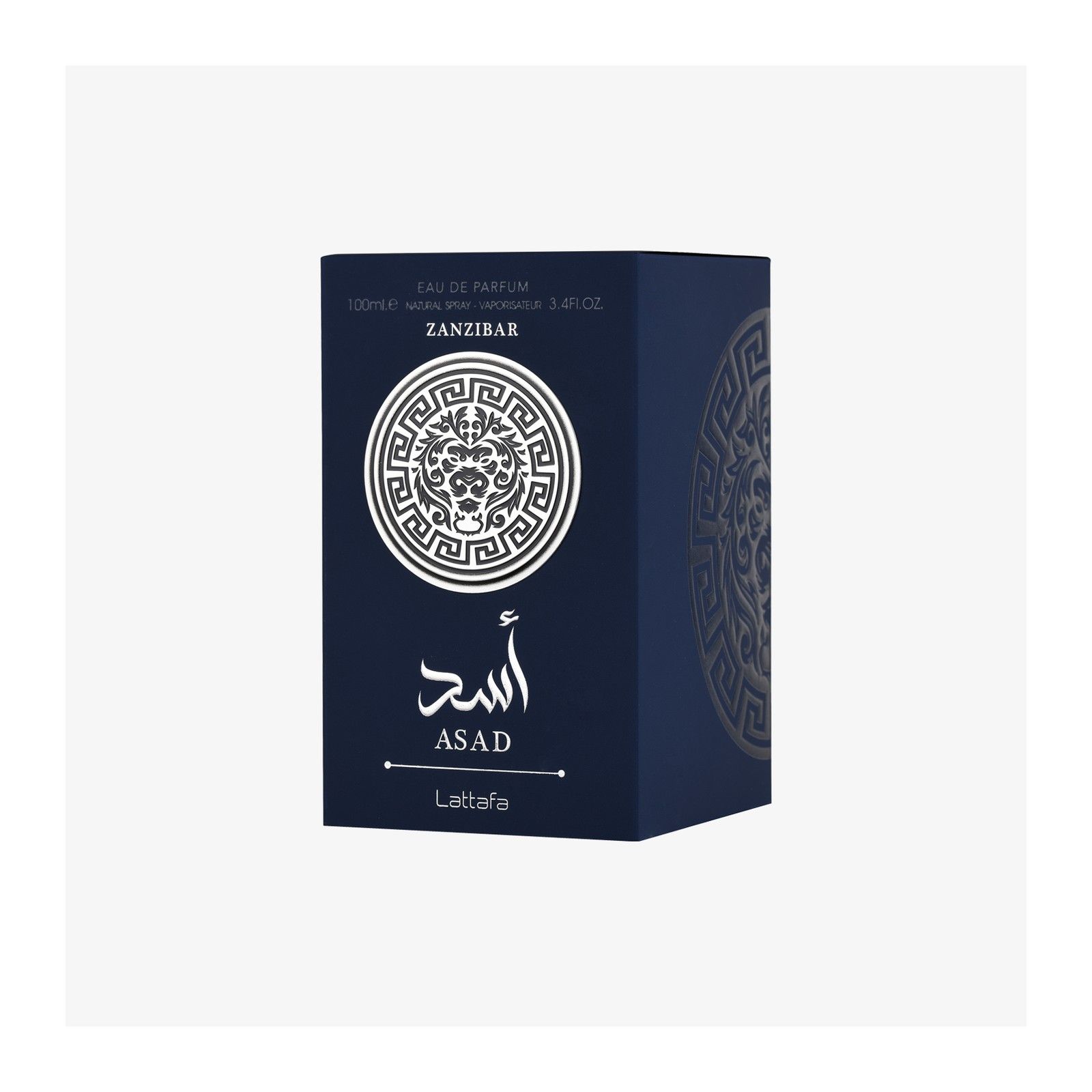 Dunkelblaue Parfümverpackung mit silbernem Löwenkopf-Emblem und arabischer Schrift. "ASAD ZANZIBAR Lattafa" ist aufgedruckt.