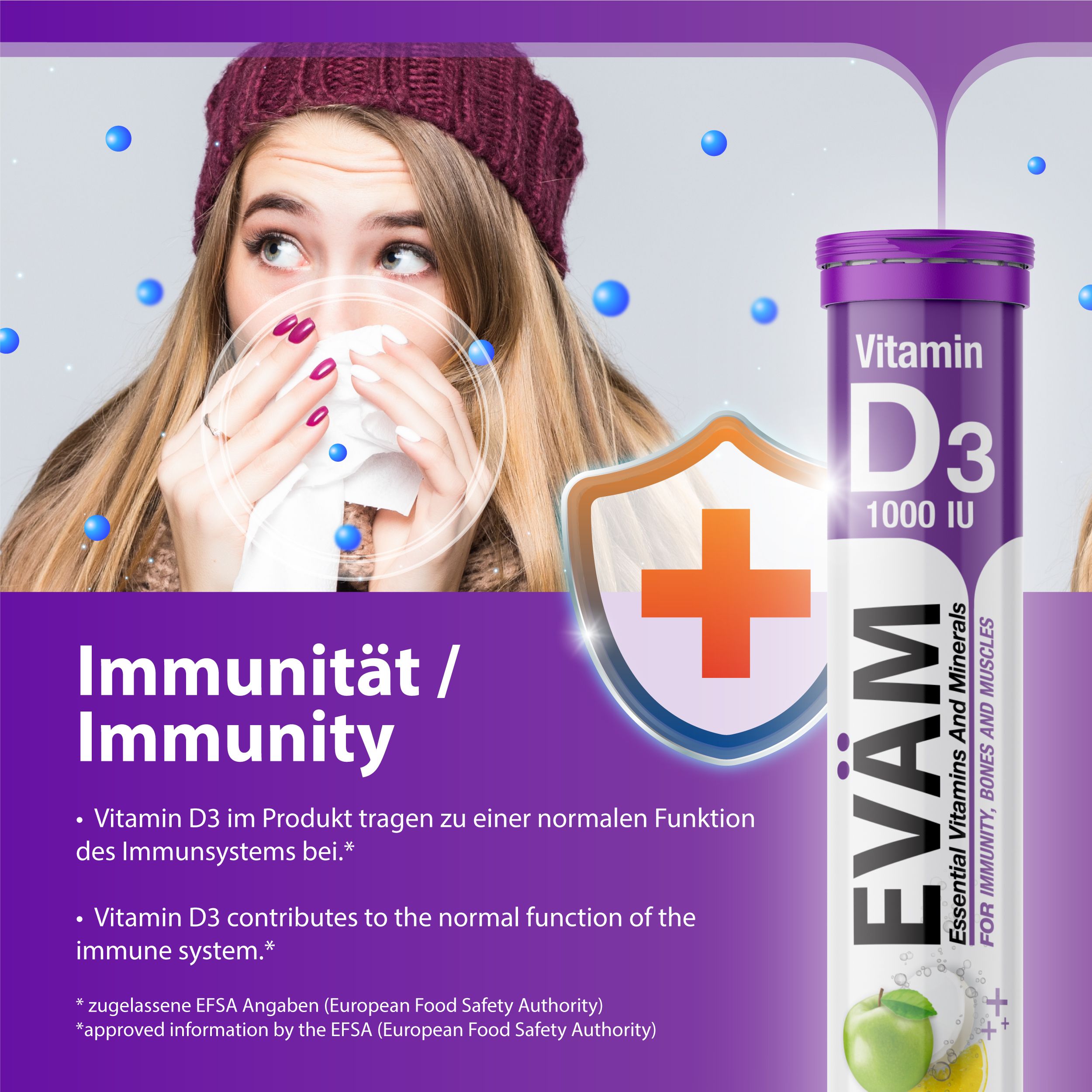 Werbung für EVÄM Vitamin D3. Frau mit Schnupfen. Aufschrift: Immunität. Vitamin D3 trägt zur normalen Funktion des Immunsystems bei.