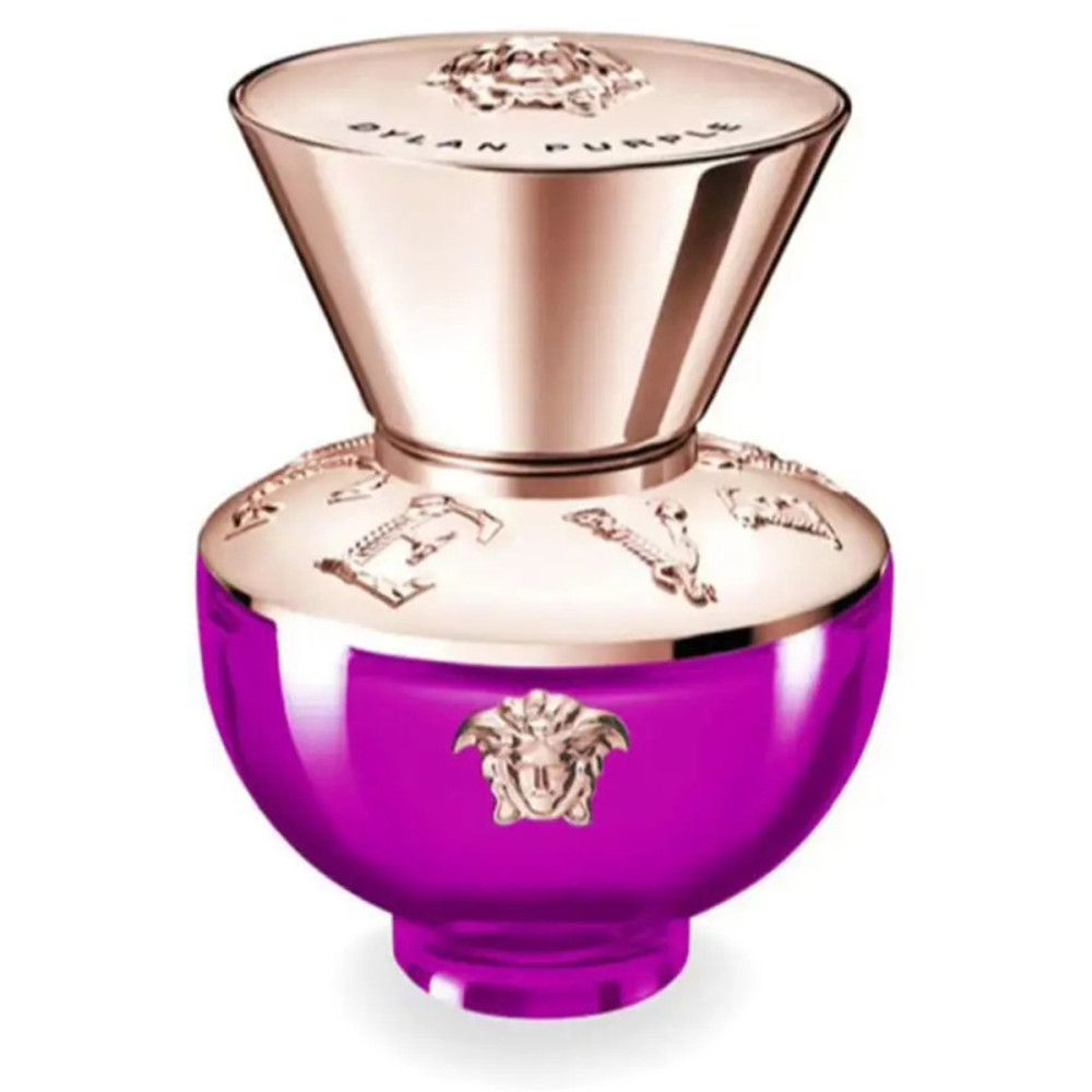 Versace Pour Femme Dylan Purple Eau de Parfum Spray. Lila Flakon mit goldfarbener Kappe. Medusa-Logo.