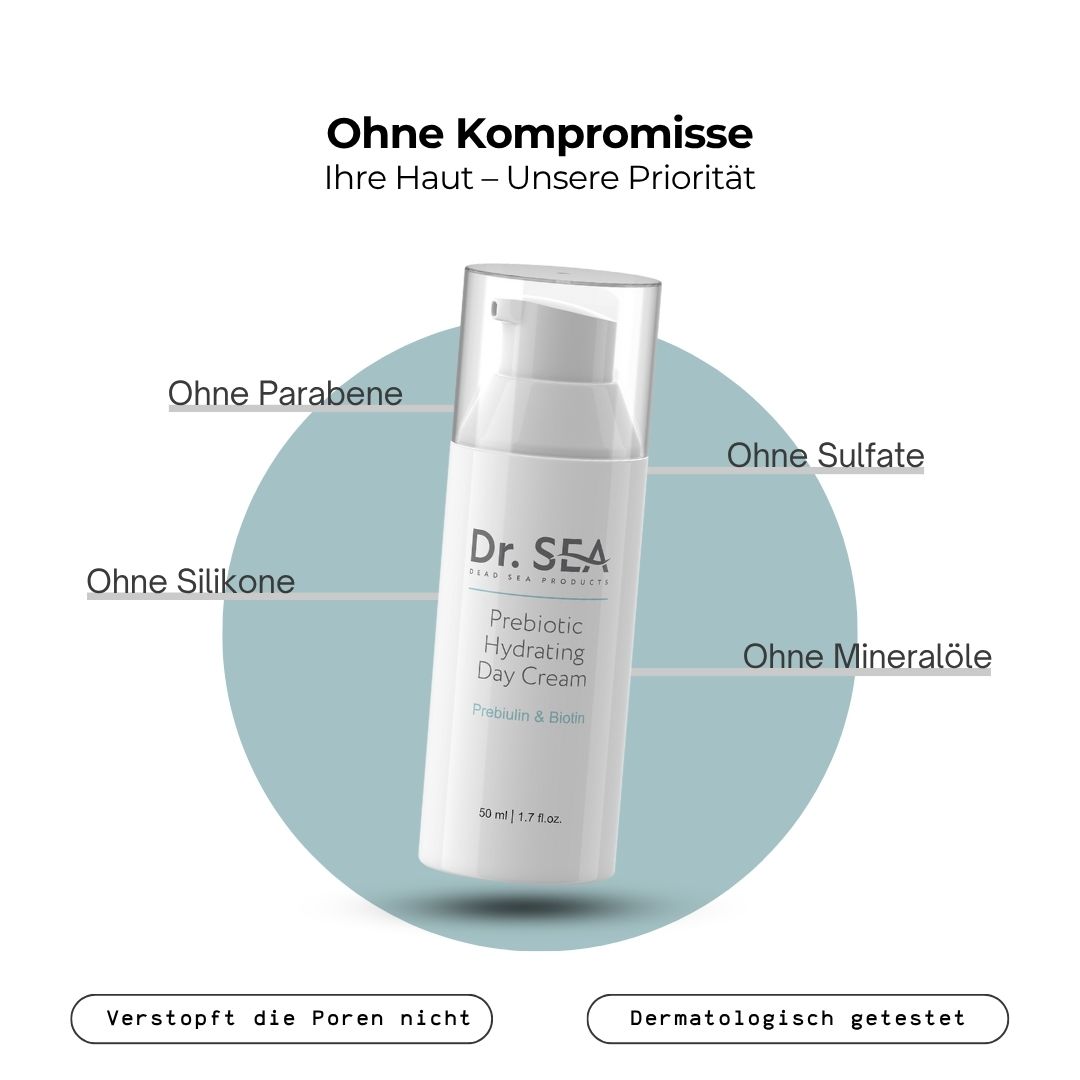 Produktflasche. Text: Ohne Kompromisse. Ohne Parabene, Sulfate, Silikone, Mineralöle. Nicht komedogen, dermatologisch getestet.