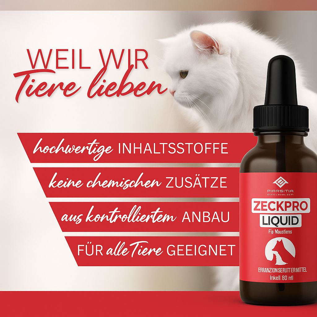 Braune Flasche mit schwarzem Deckel und Pipette. Rotes Etikett mit Text und Logo. Weiße Katze im Hintergrund.