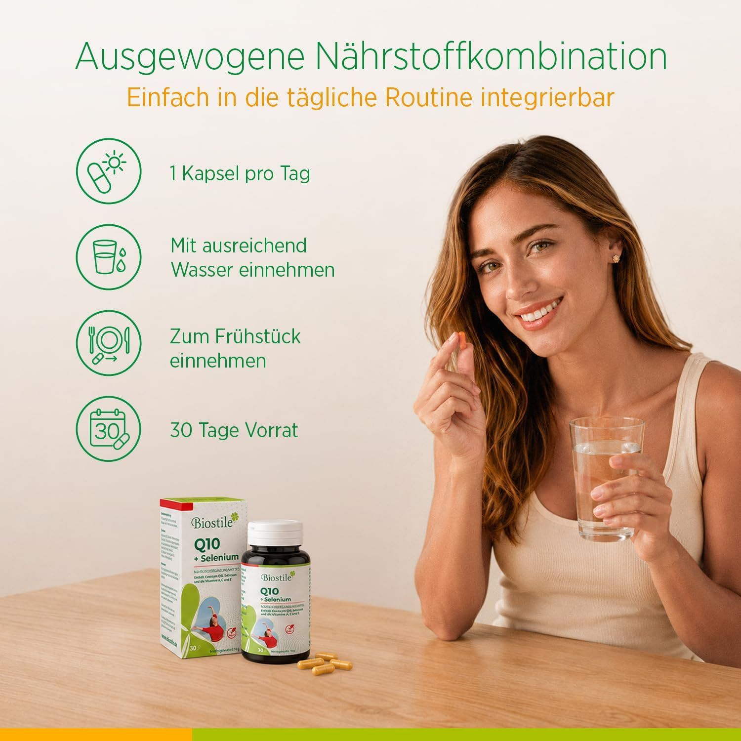 Frau nimmt Biostile Q10 + Selenium Kapsel ein. 1 Kapsel täglich, 30 Tage Vorrat.