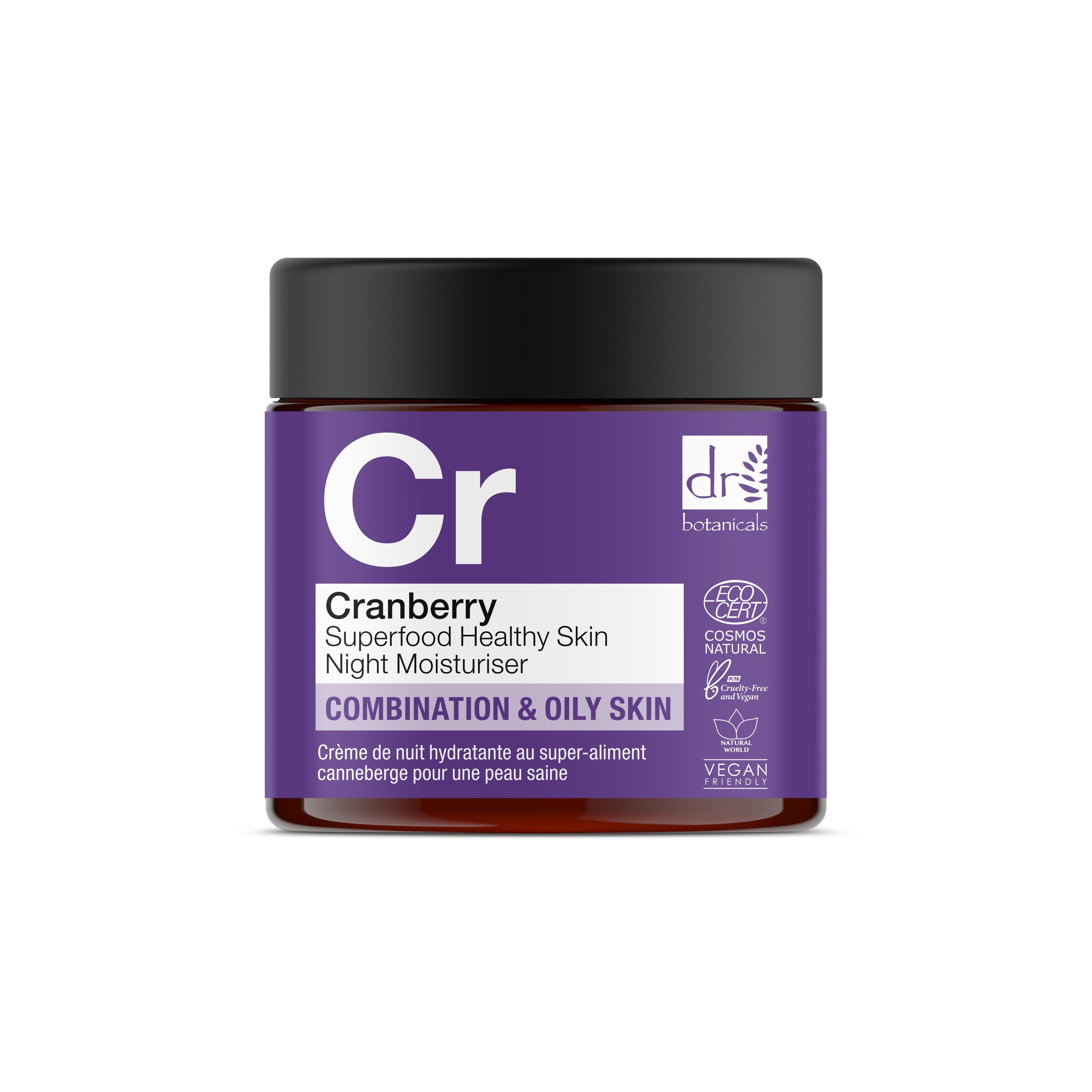 Creme-Tiegel mit lila Etikett. Aufschrift: Cranberry Superfood Healthy Skin Night Moisturiser. Marke: Dr Botanicals. Deckel: Schwarz.