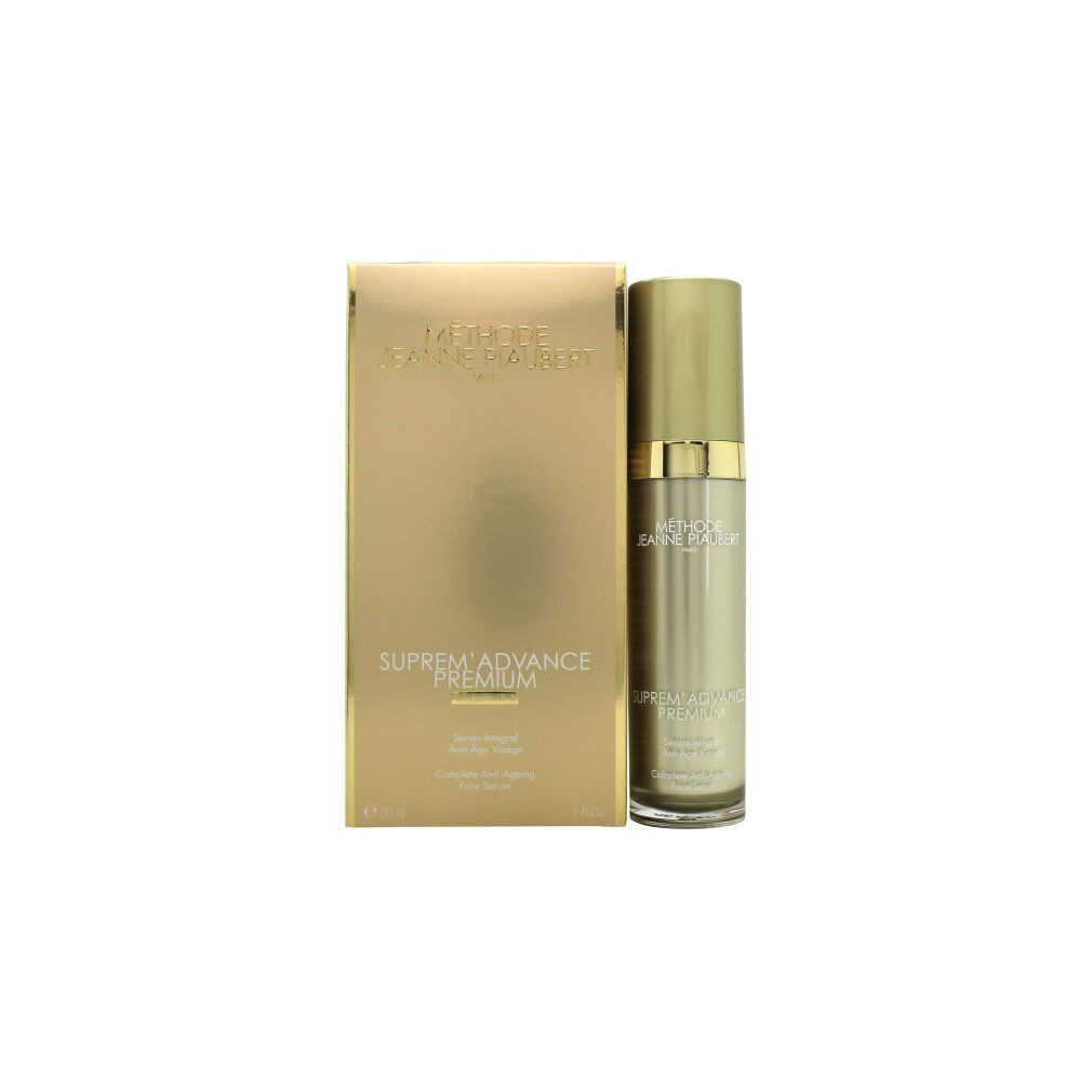 Goldfarbene Verpackung und Flasche 'SUPREM'ADVANCE PREMIUM'. Text: 'Sérum intégral anti-âge visage'. Marke: Jeanne Piaubert.