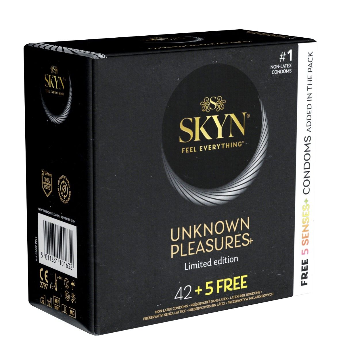 Schwarze Schachtel mit SKYN-Logo und Schriftzug "Unknown Pleasures+". Enthält 42+5 Kondome. Aufschrift: "#1 Non-Latex Kondome".