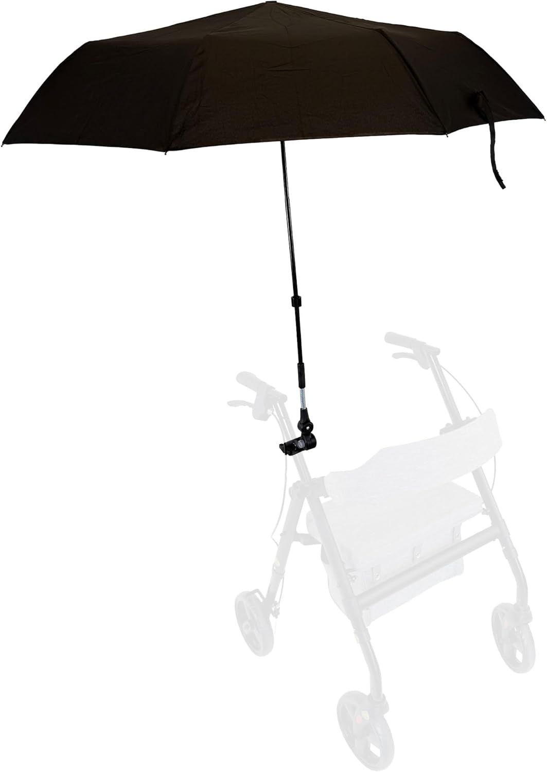 Schwarzer Regenschirm an einem Rollator befestigt. Der Schirm ist höhenverstellbar.
