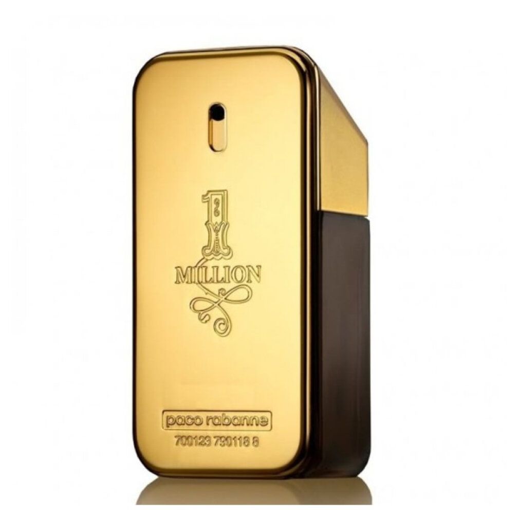 Goldfarbener Flakon "1 Million" von Paco Rabanne. Rechteckige Form mit abgerundeten Kanten. Schwarze Details.