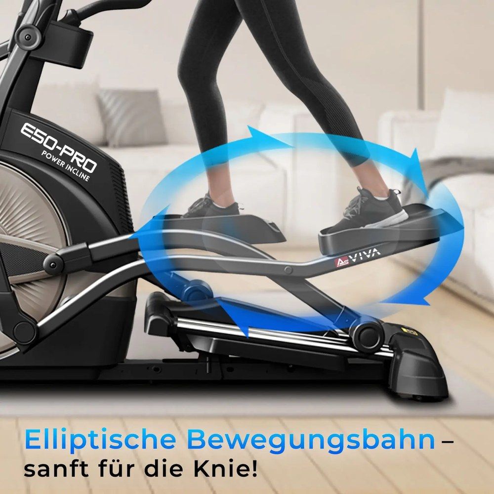 Detailansicht der elliptischen Bewegung des AsVIVA Crosstrainers E50, gelenkschonend für die Knie.