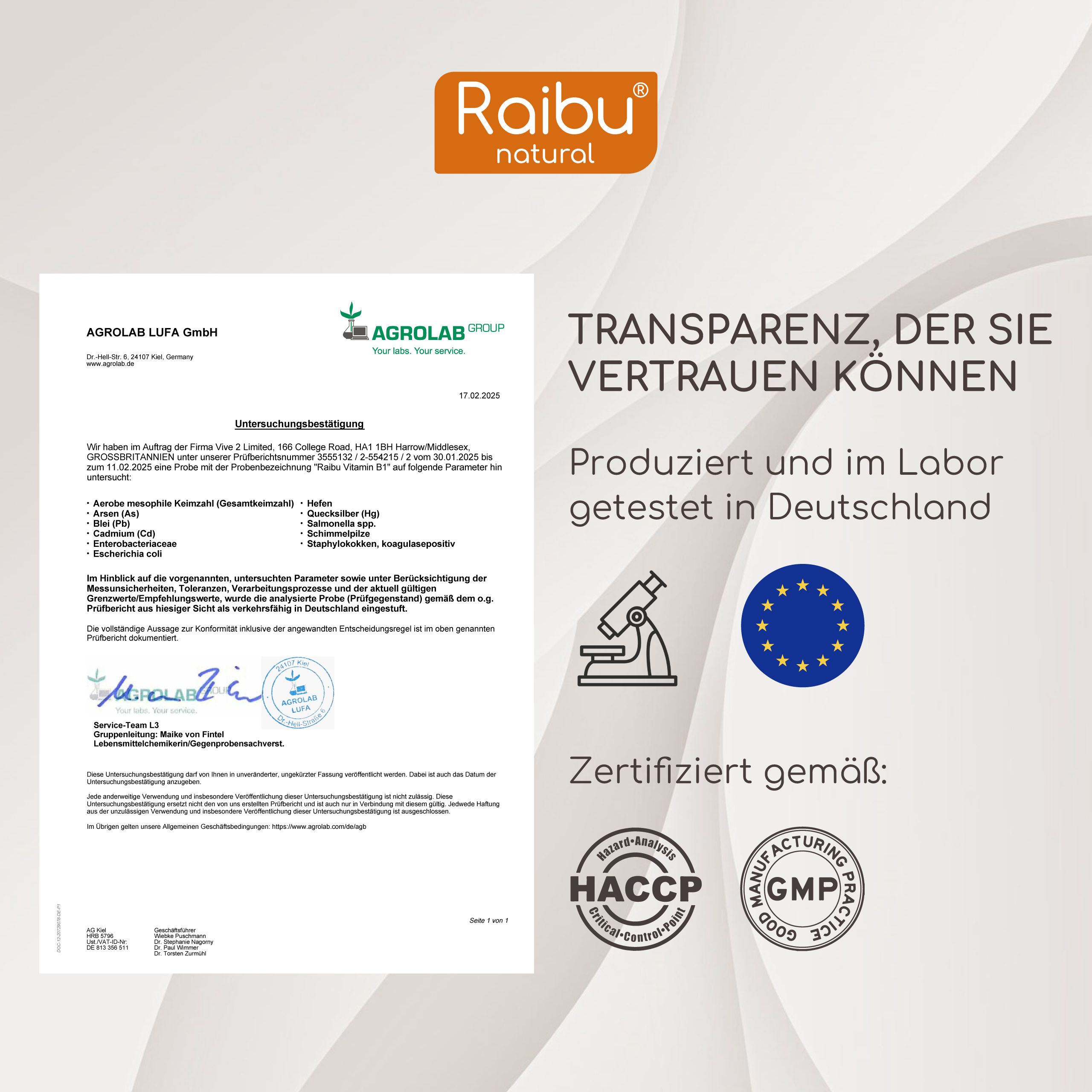 Zertifizierungsdokument mit Logos von HACCP und GMP. Text: Transparenz, der Sie vertrauen können. Laborgeprüft in Deutschland.