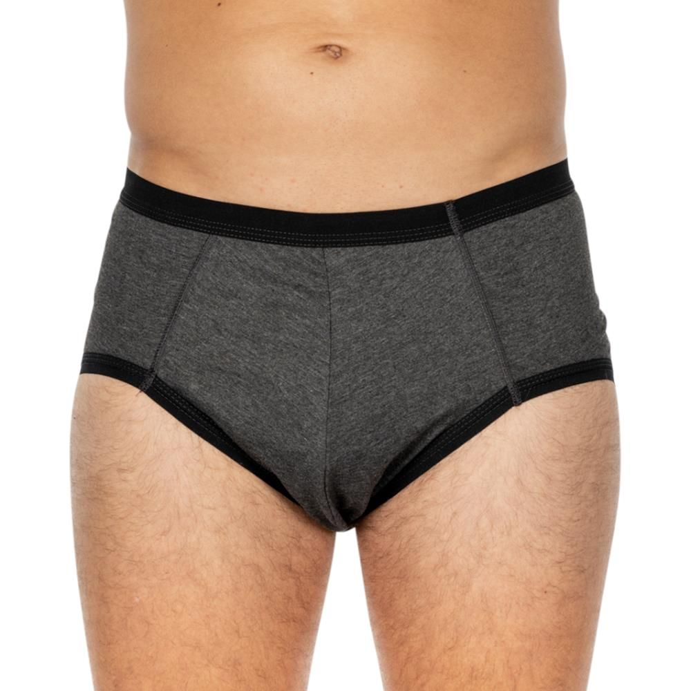 Graue Inkontinenz-Slip mit schwarzem Bund und Beinabschlüssen. Waschbar. Vorderansicht.