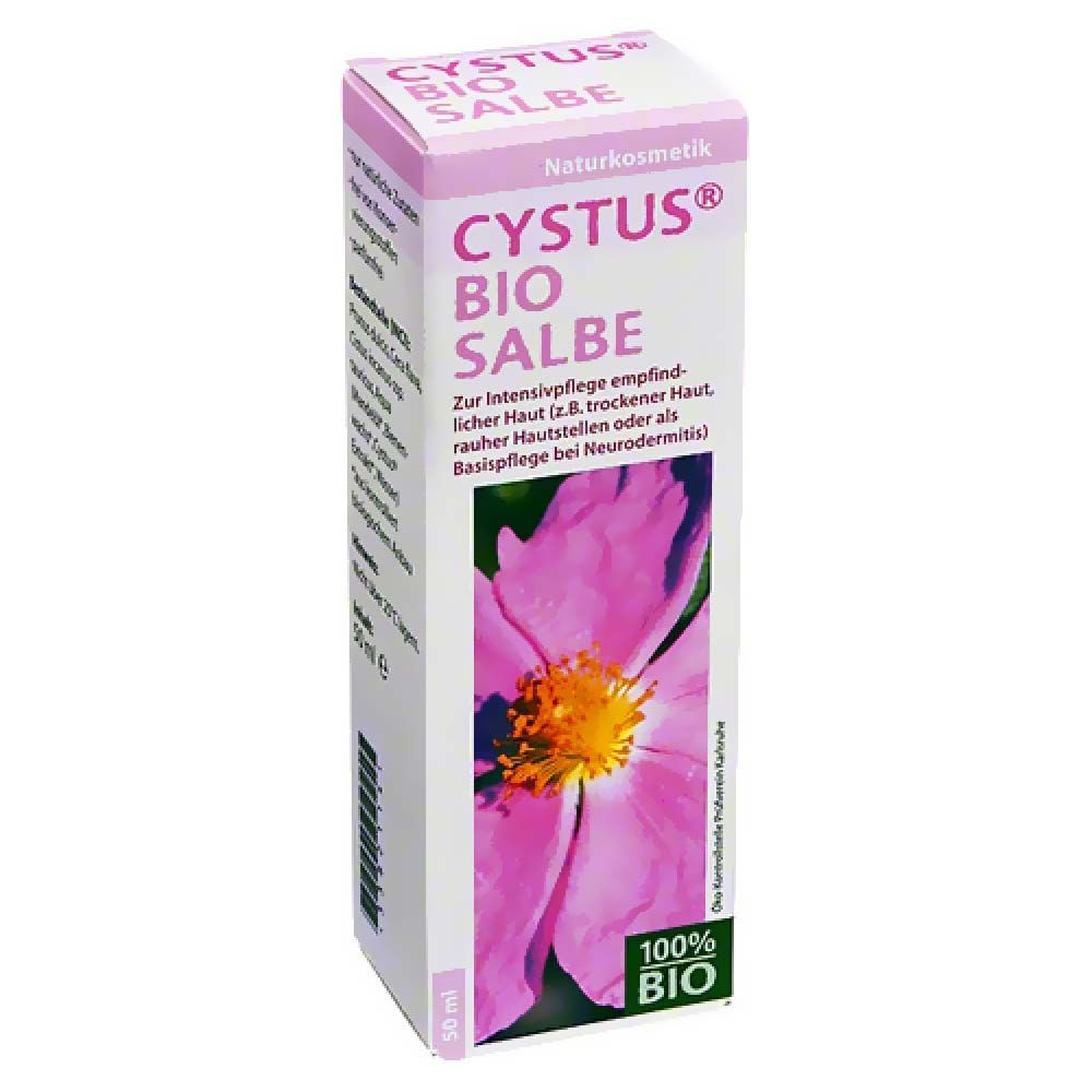 Verpackung von Cystus Bio Salbe. Rosa Blüte, Produktname und Text auf weißem Hintergrund. 100% Bio-Siegel.