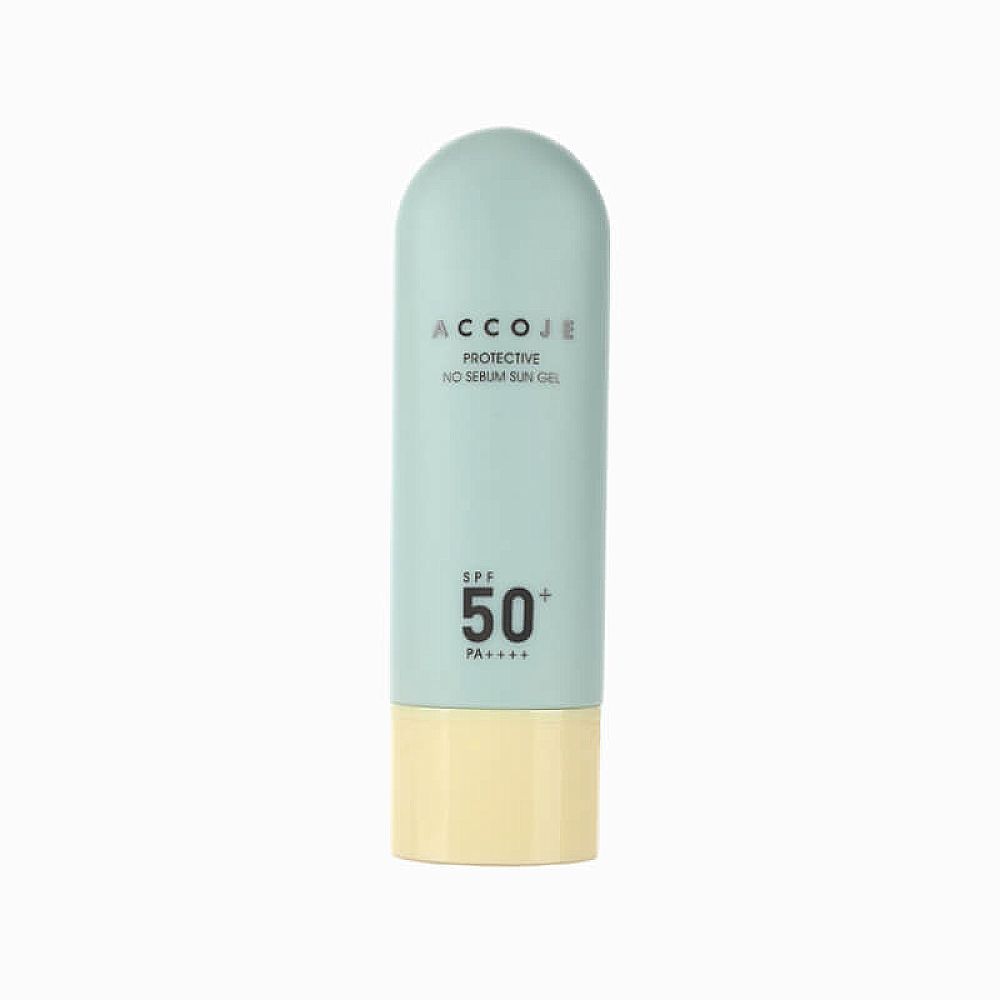 Hellblau-gelbe Tube. Aufschrift: ACCOJE, Protective No Sebum Sun Gel, SPF 50+.