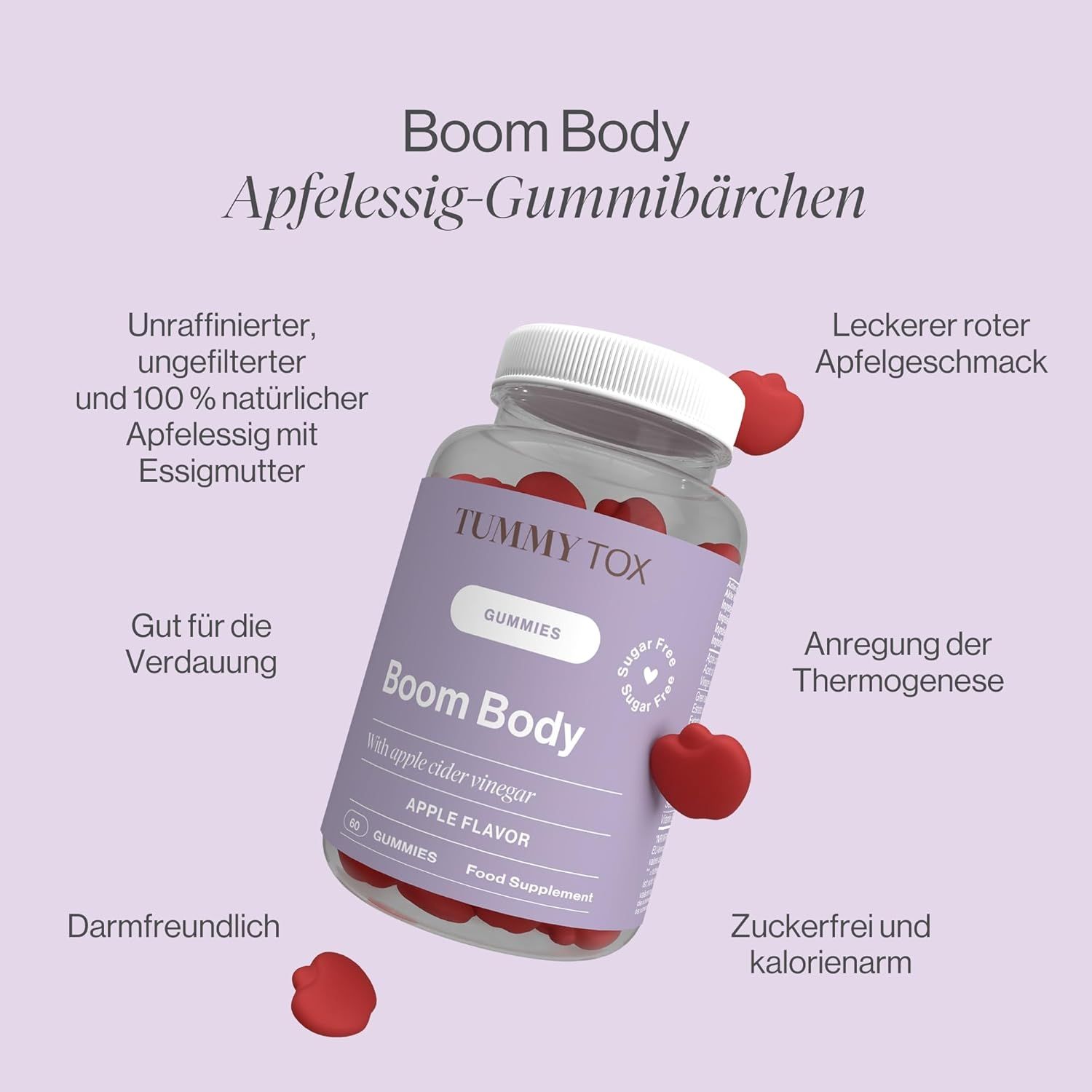 Klare Flasche mit roten Gummibärchen. Aufschrift: Tummy Tox Boom Body Gummies. Lila Etikett mit Produktinformationen. Einige Gummibärchen liegen daneben.