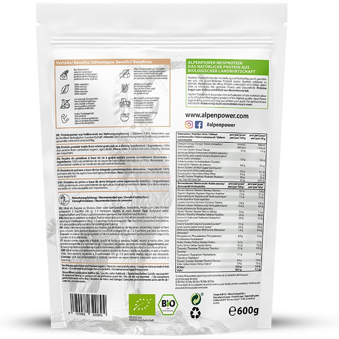 AlpenPower Bio Reisprotein 600 g Pulver