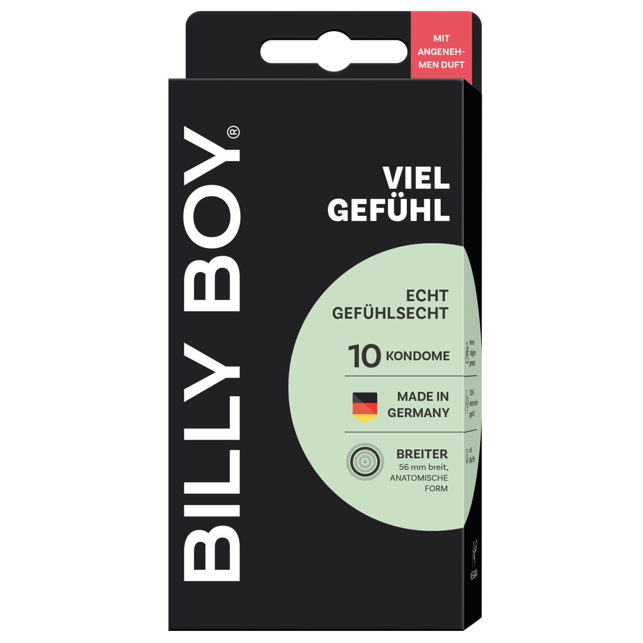 Packung mit 10 BILLY BOY Kondomen VIEL GEFÜHL, transparent, anatomische Form, 56 mm Breite.