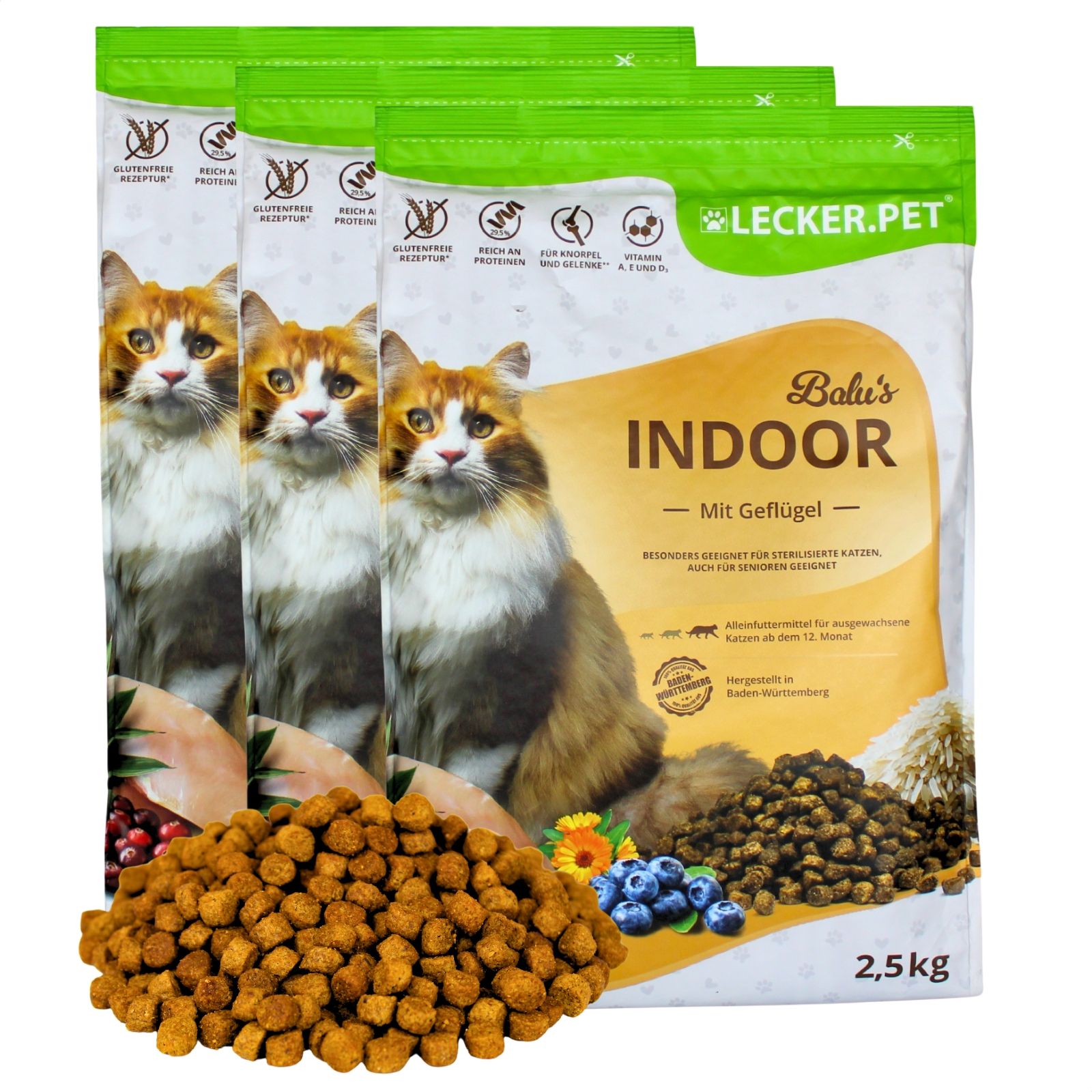 Drei Packungen Lecker.Pet Boli's Indoor Katzenfutter mit Geflügel, 2,5kg.