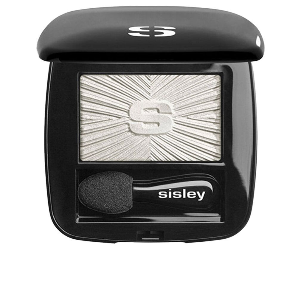 Geschlossene schwarze Sisley Lidschatten-Kompaktpuder mit silbernem Logo. Offene Dose mit silbernem Lidschatten und Applikator.