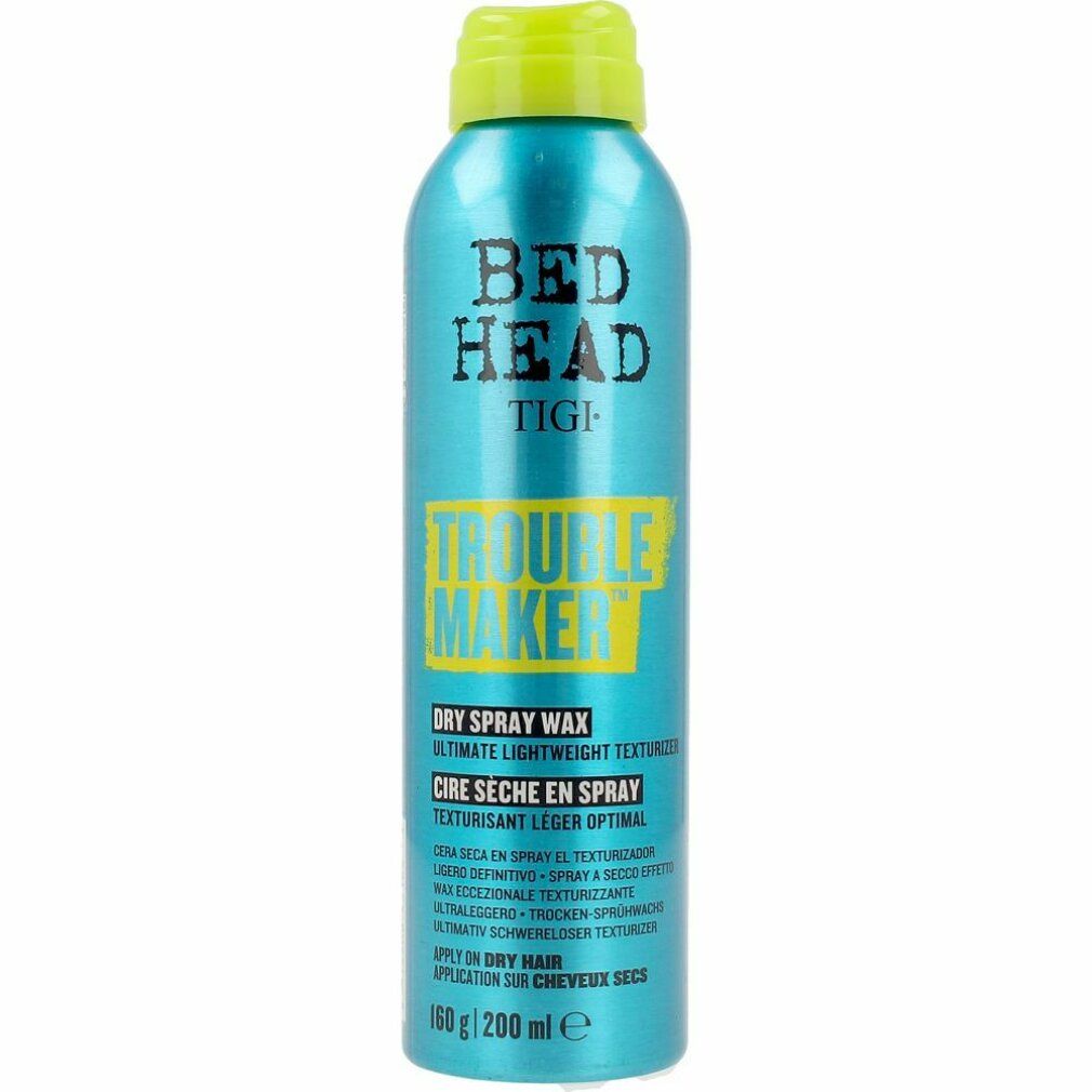 Türkisblaue Spraydose mit gelbem Deckel. Aufschrift: Bed Head TIGI Trouble Maker Dry Spray Wax. 160g/200ml.