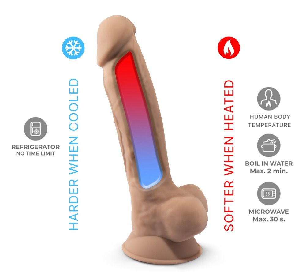 Beiger Dildo. Thermo Reactive. Illustrationen: Kälte, Wärme, Temperatur.
