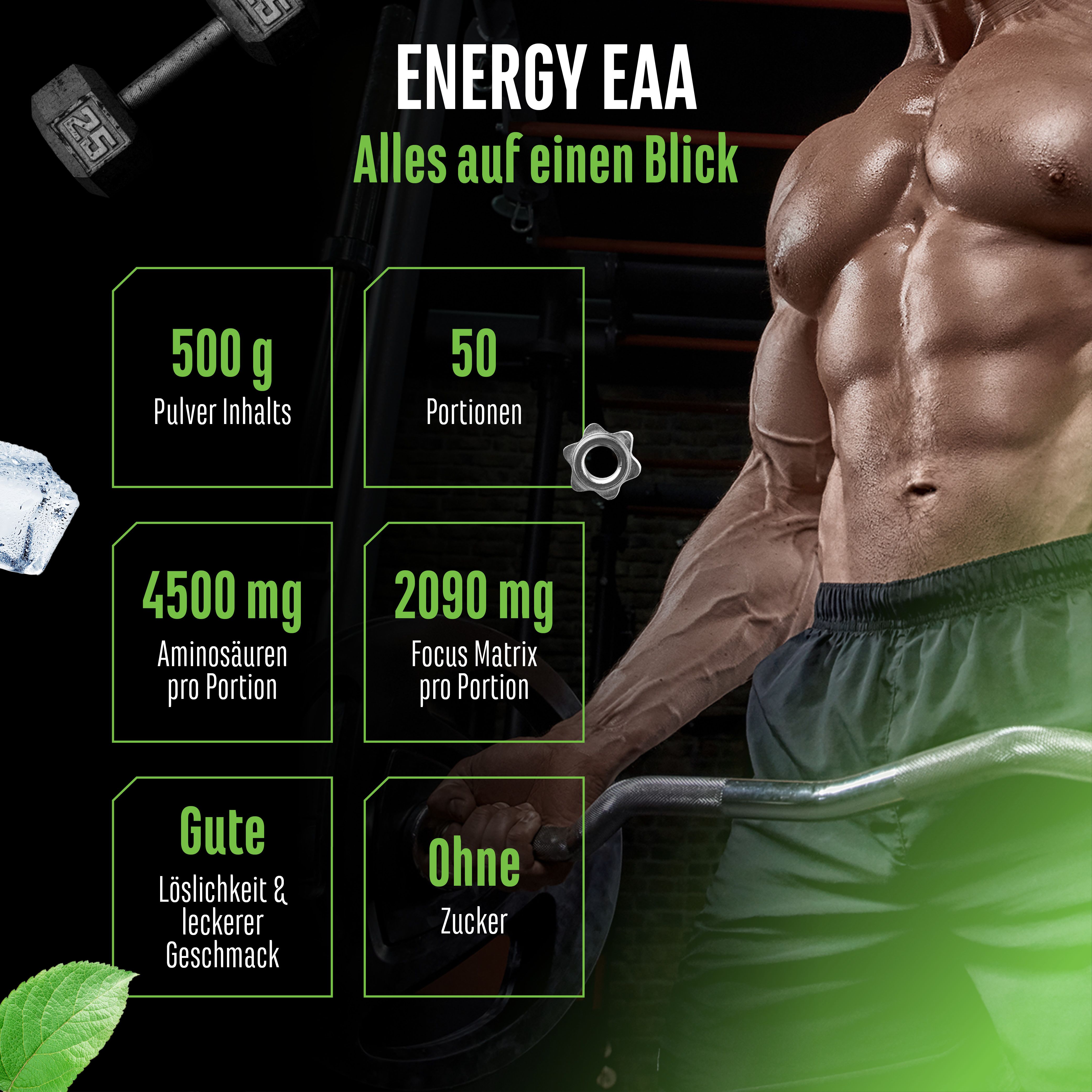 Infografik: "ENERGY EAA". Informationen zu Inhaltsstoffen. 500g Pulver, 50 Portionen, 4500mg Aminosäuren, 2090mg Focus Matrix. Ohne Zucker.