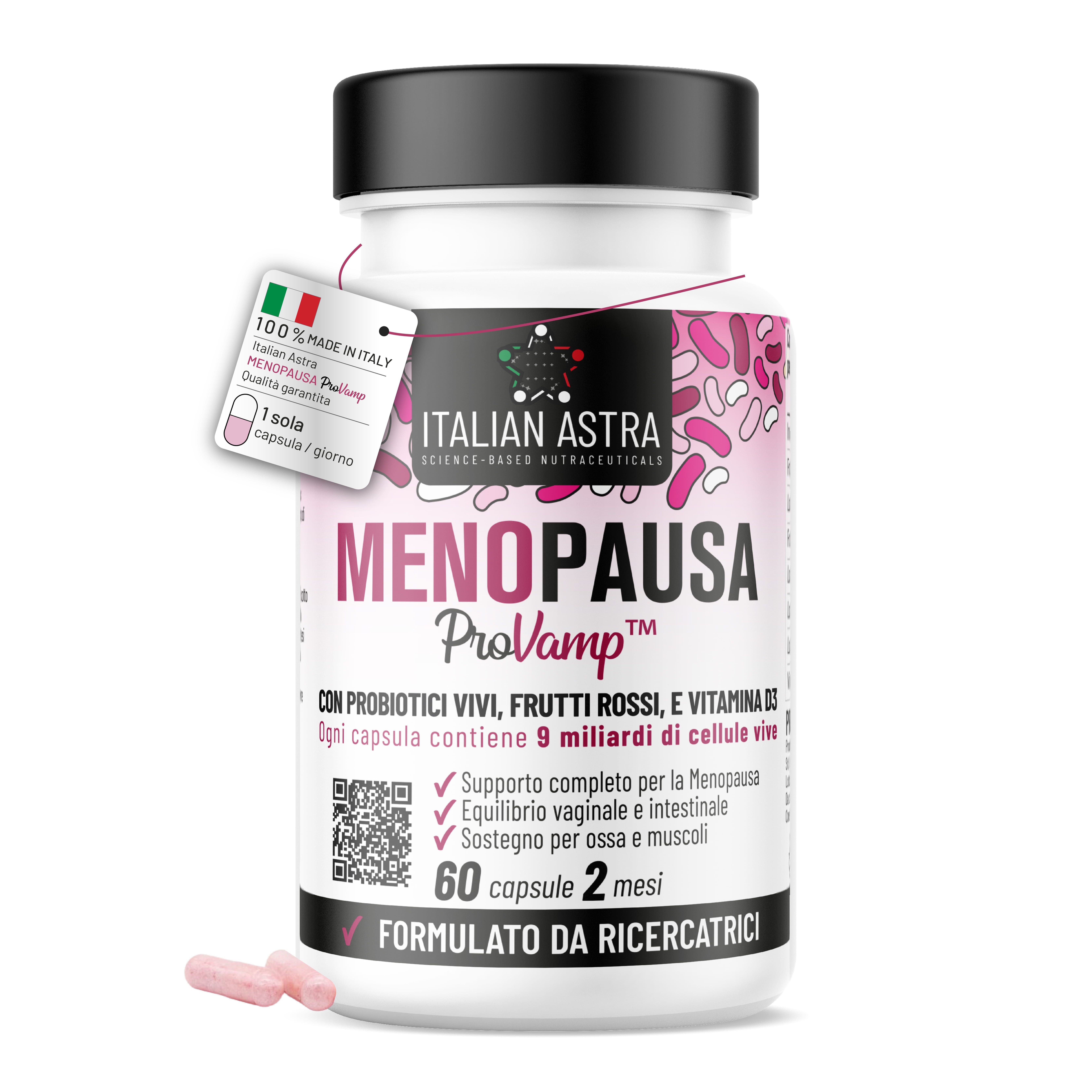 Weiße Kapseln in einer weißen Flasche mit schwarzem Deckel. Aufschrift: ITALIAN ASTRA, MENOPAUSA ProVamp. Mit italienischer Flagge.