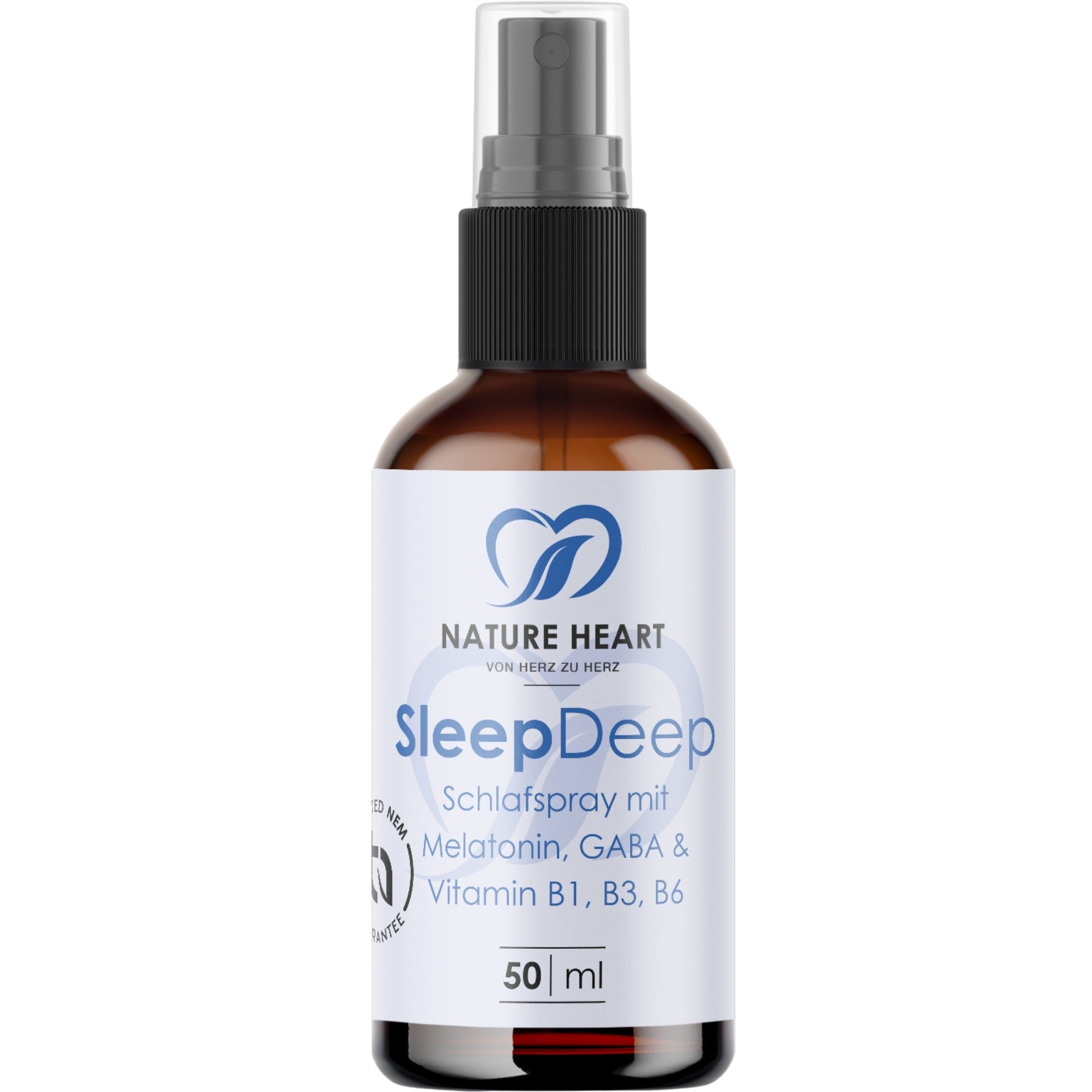 Braune Sprühflasche mit weißem Etikett, das "SleepDeep" und Inhaltsstoffe zeigt. 50 ml.
