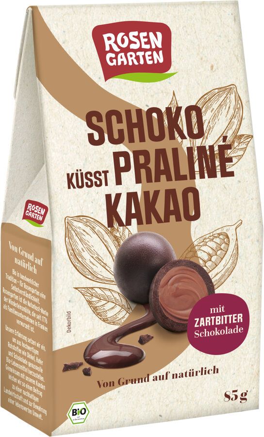 Verpackung von Rosengarten Schoko küsst Praliné-Kakao. Abgebildet sind Pralinen, eine davon halbiert, mit Zartbitter Schokolade.