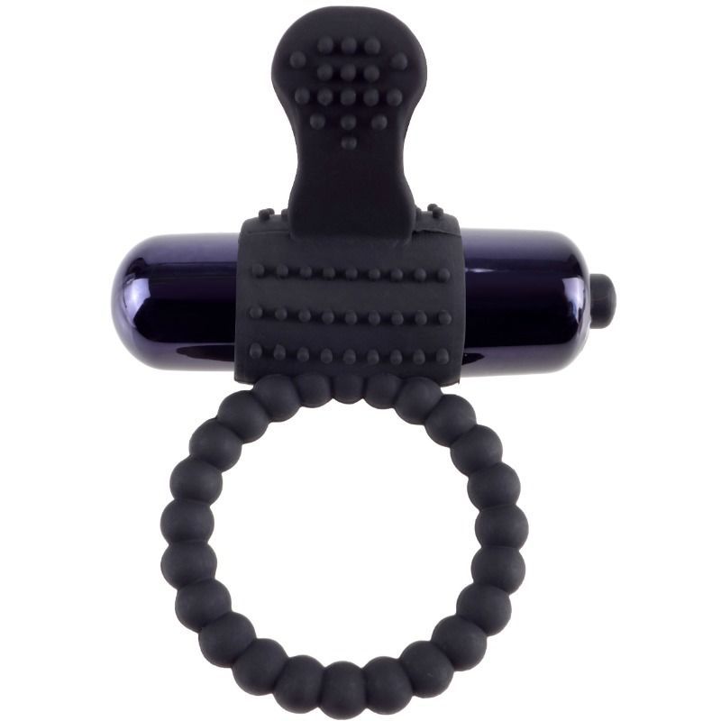 Schwarzer Vibrationsring aus Silikon mit perlmuttfarbenem Vibrator und Noppen.