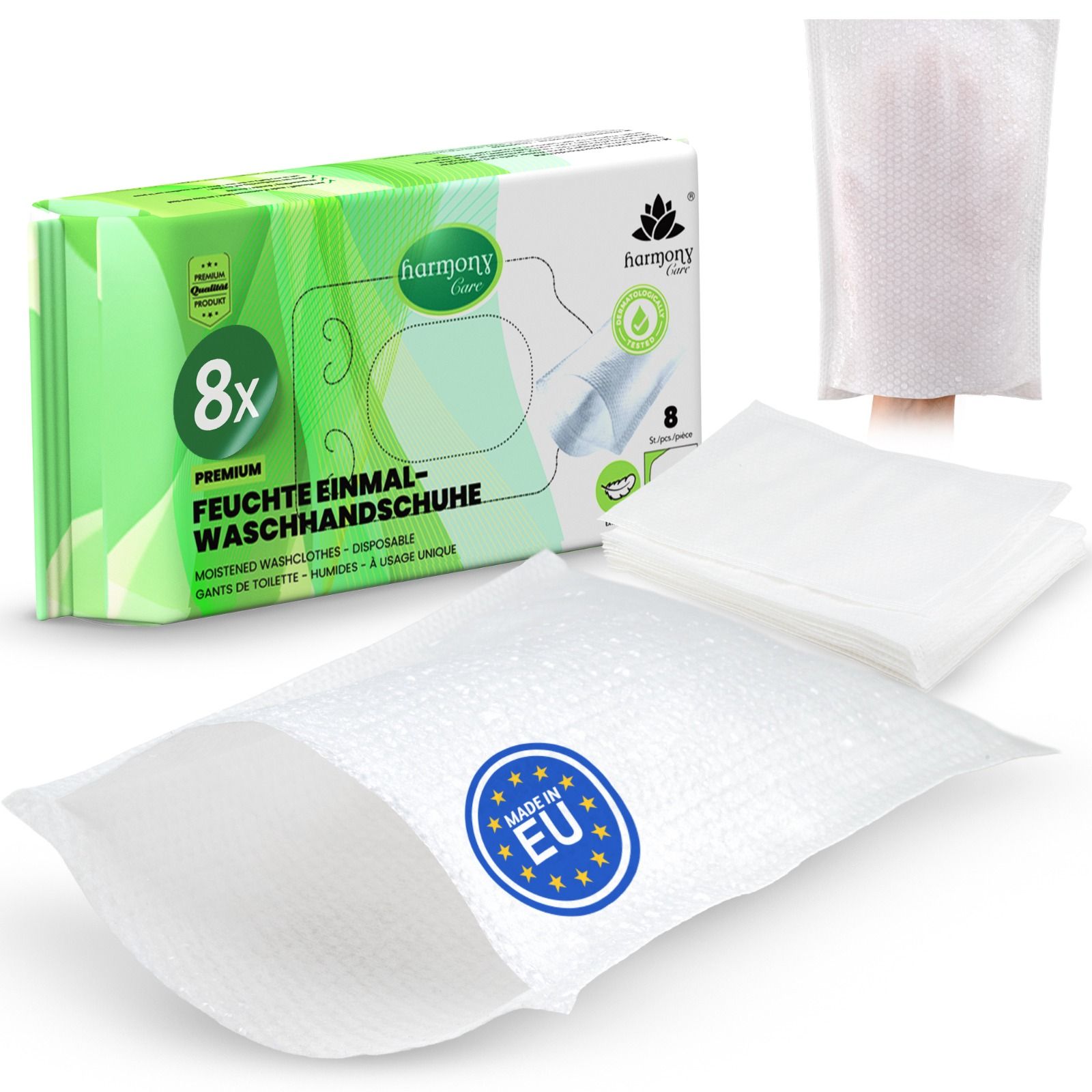 Harmony Care® -Feuchte Einmal Waschhandschuhe aus Spunlaced, Einmalwaschlappen für Erwachsene & Baby