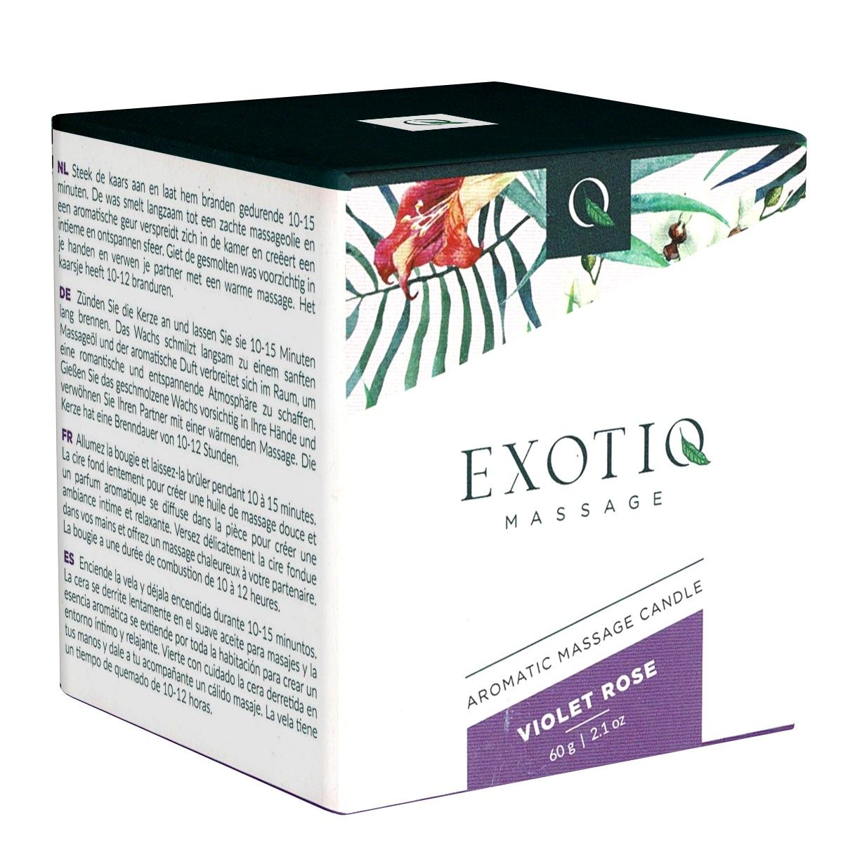 Quadratische Verpackung mit floralem Muster und Text. Aufschrift: Exotiq Massage Candle, Violet Rose. Enthält 60g.