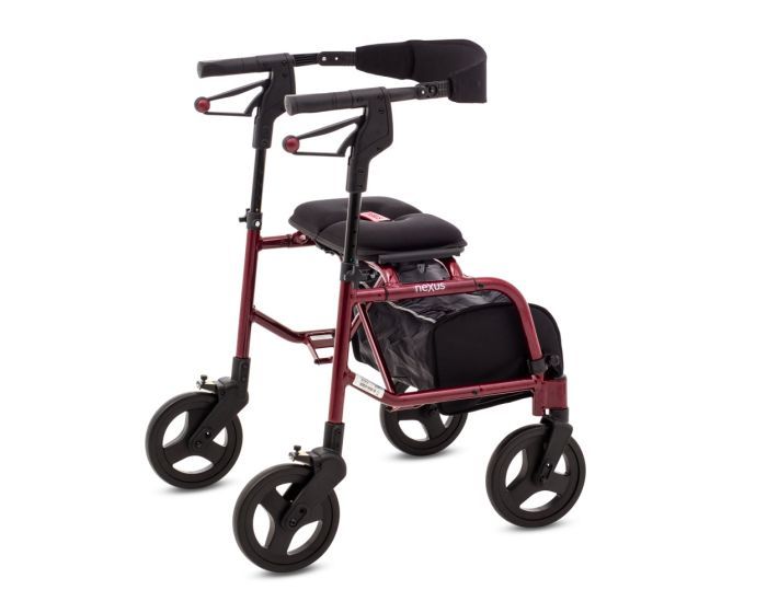 Rollator Russka Leichtgewichtrollator NeXus ROT, burgunderrot, mit schwarzem Sitz und Tasche. Nexus-Schriftzug auf Rückenlehne.